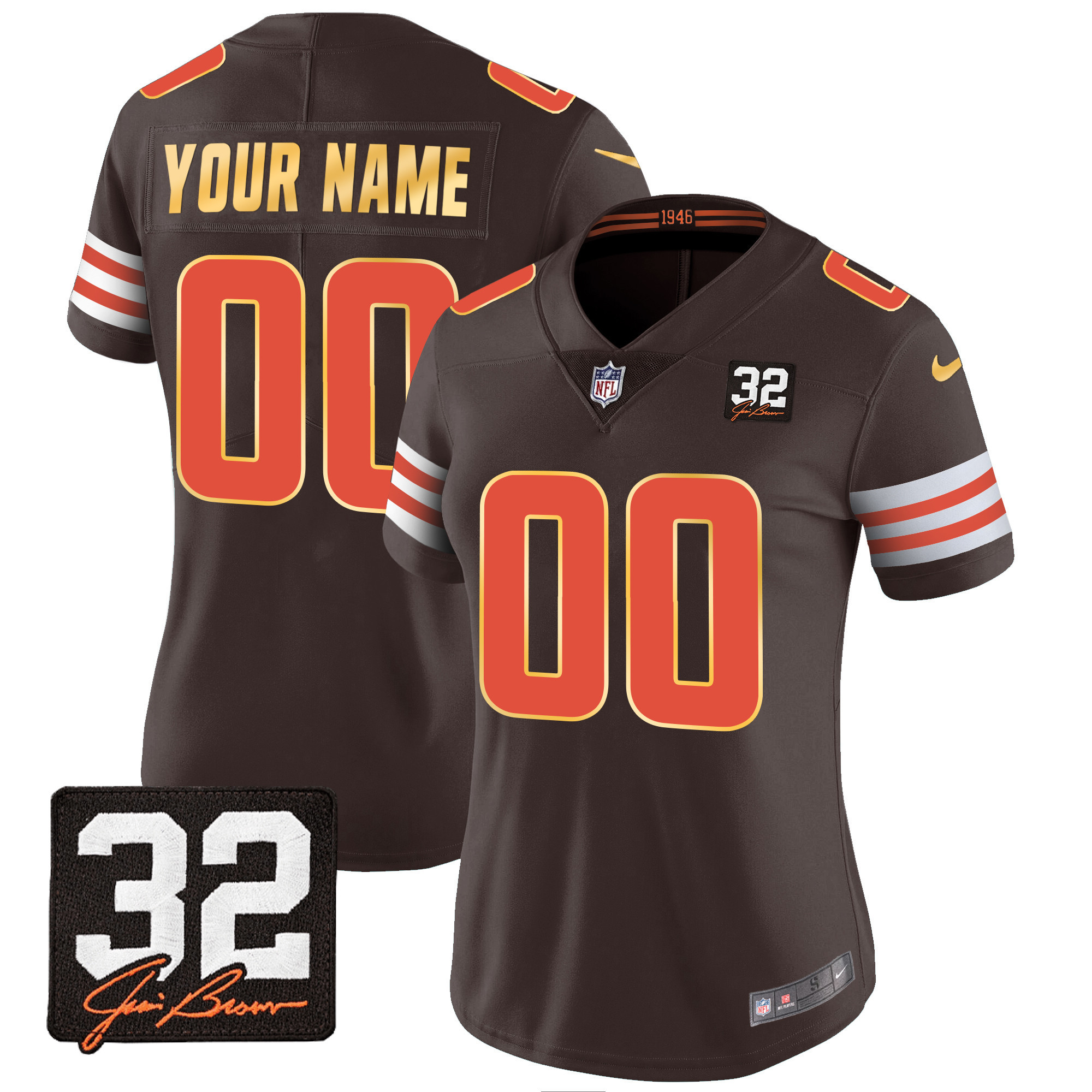 Cleveland Browns #32 Jim Brown Memorial Patch Gold Trim Custom Jersey - All Stitched