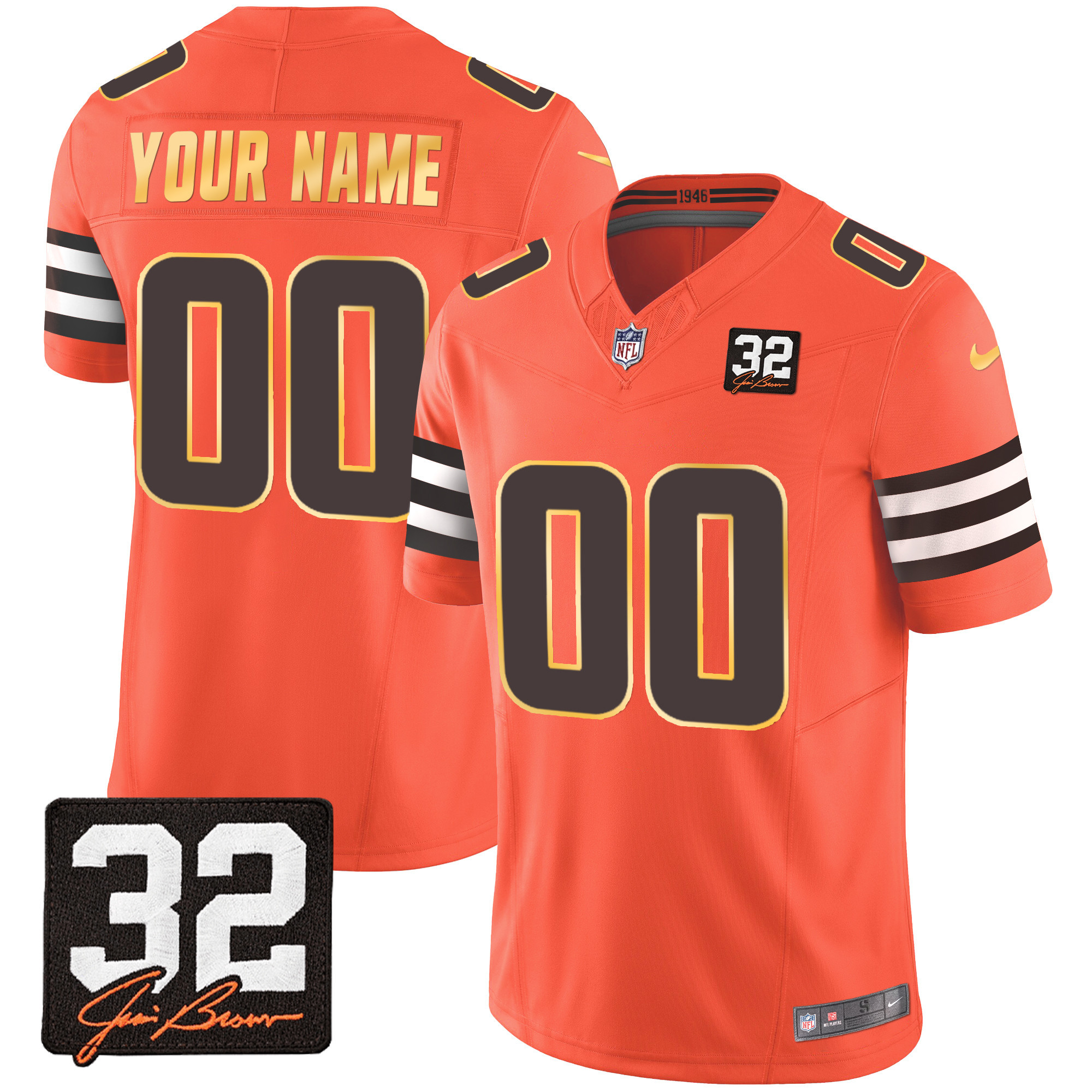 Cleveland Browns #32 Jim Brown Memorial Patch Gold Trim Custom Orange Jersey - All Stitched