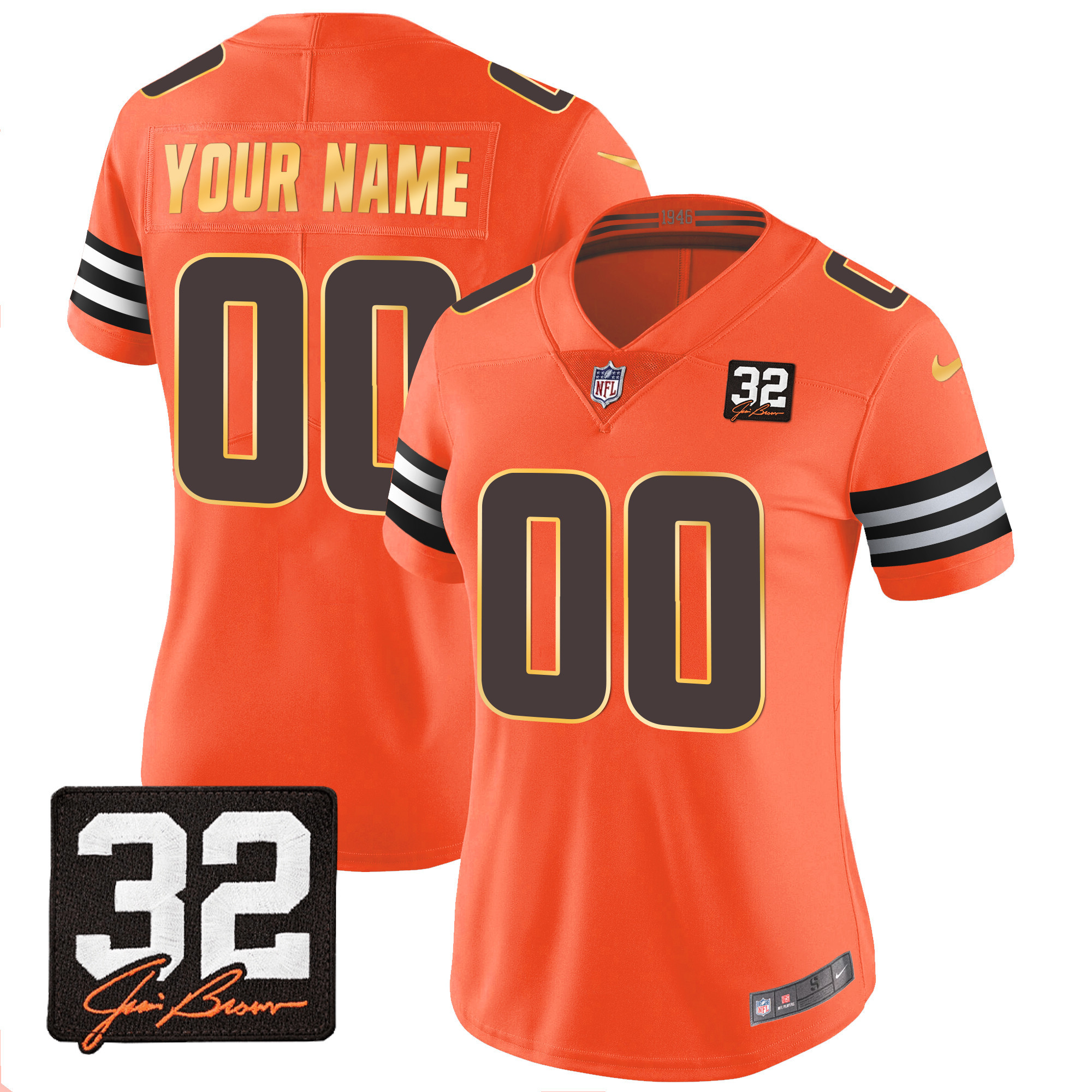 Cleveland Browns #32 Jim Brown Memorial Patch Gold Trim Custom Orange Jersey - All Stitched