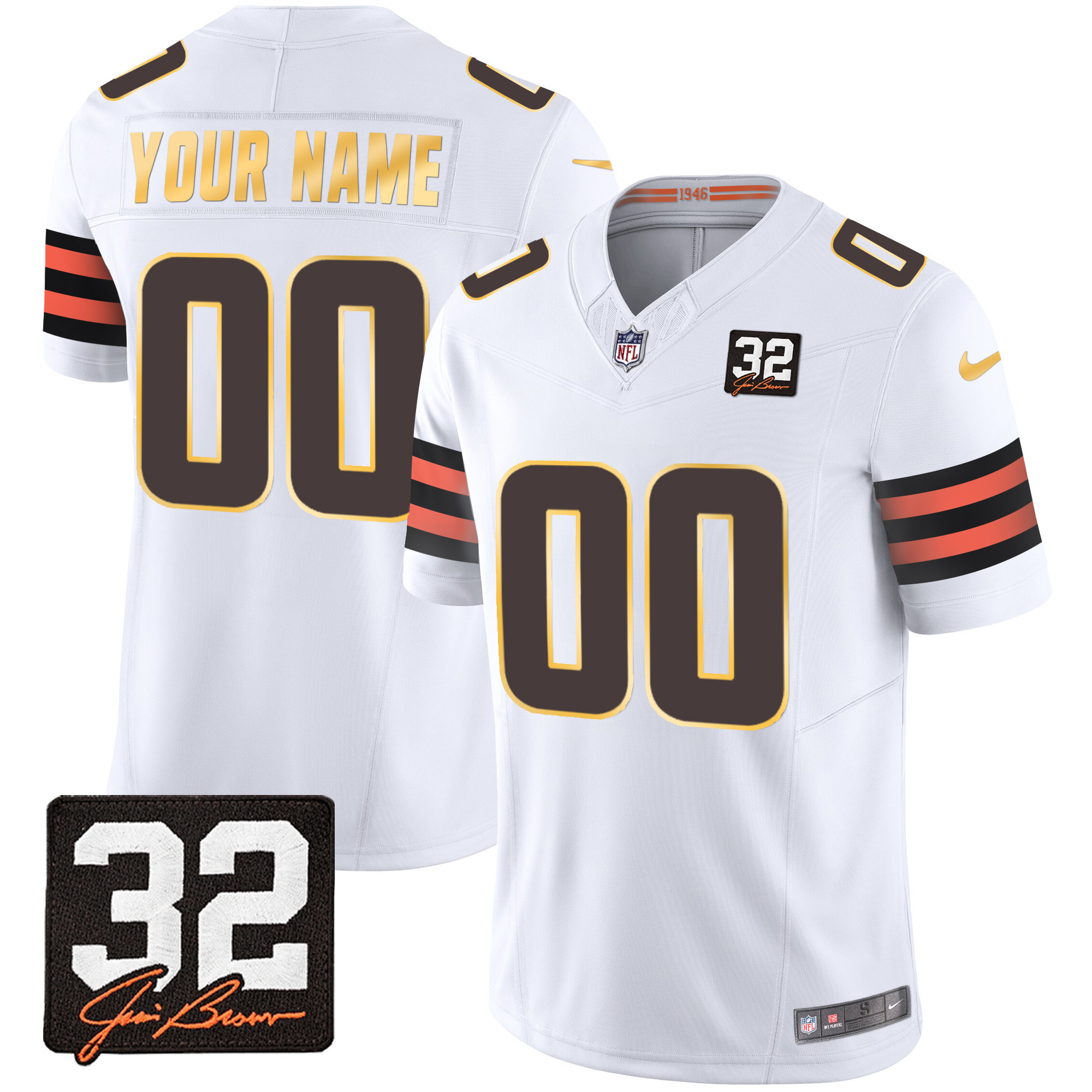 Cleveland Browns #32 Jim Brown Memorial Patch Gold Trim Custom White Jersey - All Stitched