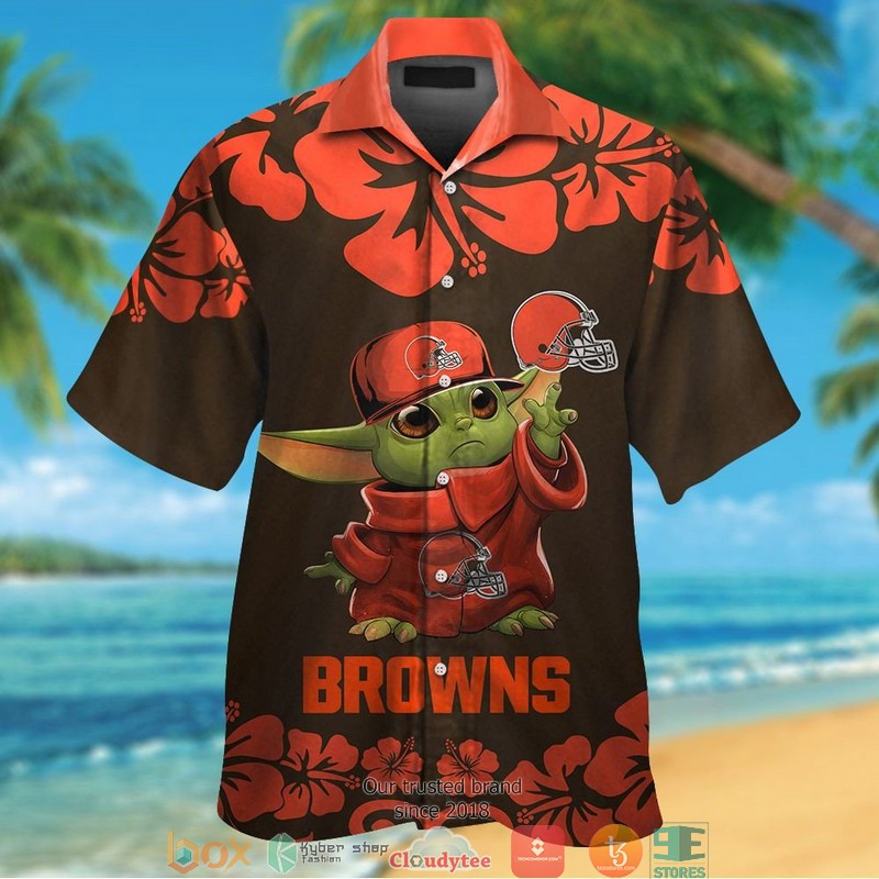 Cleveland Browns Baby Yoda Hibiscus Orange Hawaiian Shirt