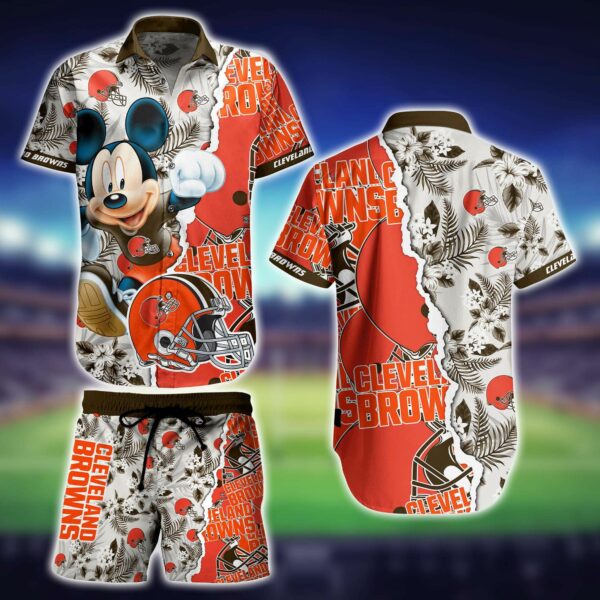 Cleveland Browns Helmet and Mickey Mouse Hawaiian Shirt
