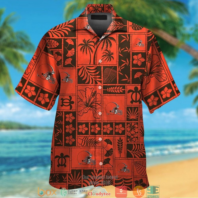 Cleveland Browns Hibiscus Leaf ocean square pattern Orange Hawaiian Shirt