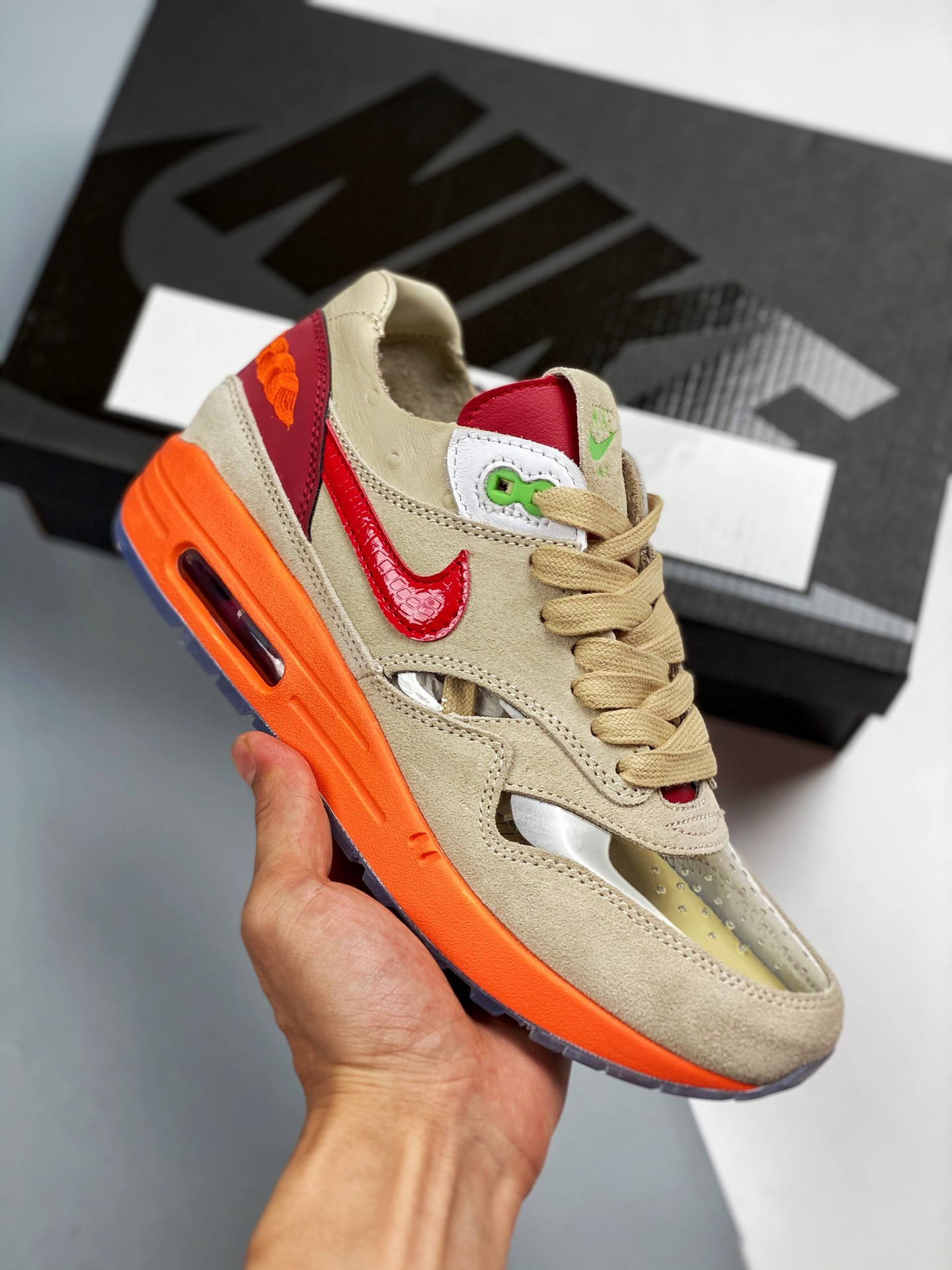 Clot x Nike Air Max 1 “Kiss Of Death” Net/Deep Red-Orange Blaze For Sale
