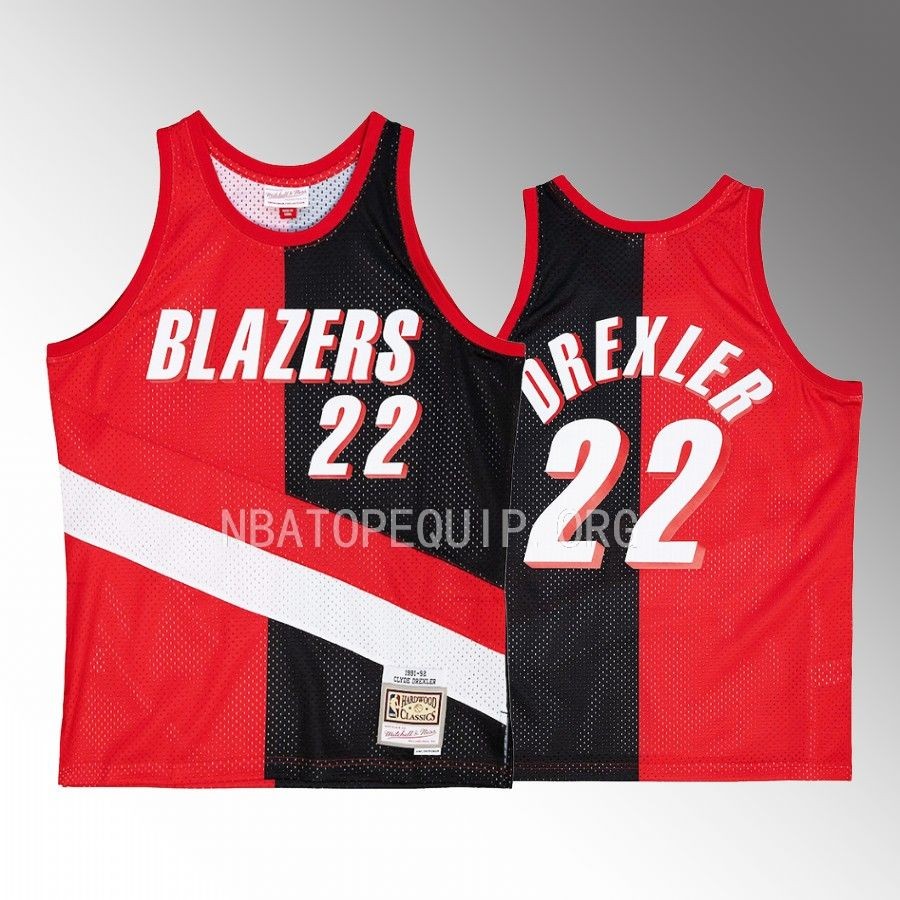 Clyde Drexler Hardwood Classics 1991-92 Jersey Portland Trail Blazers #22 Red Black Split Swingman Men's Shirt