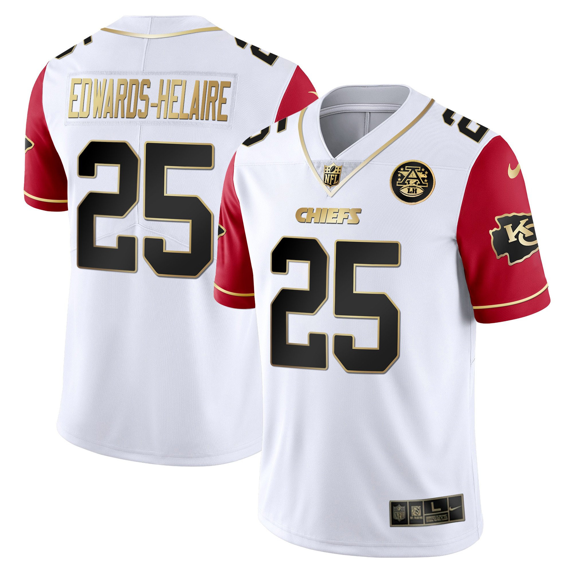 Clyde Edwards-Helaire Men's Kansas City Chiefs White Gold & Black Gold Red Sleeves Jersey - All Stitched 