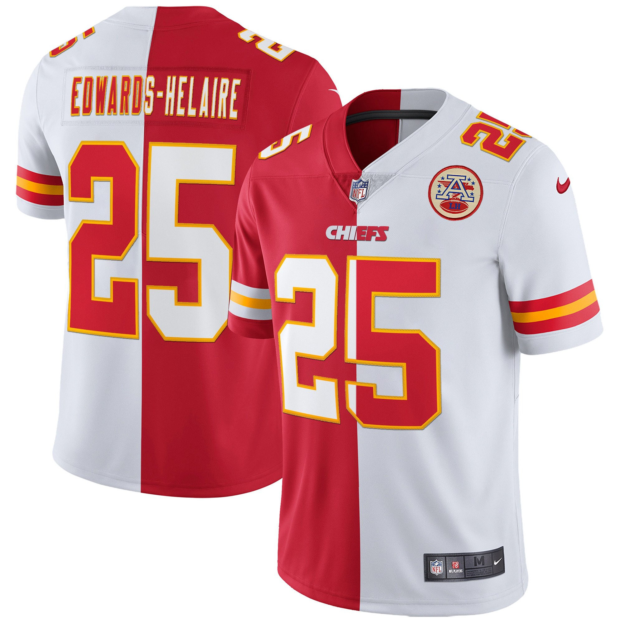 Clyde Edwards-Helaire Men's Kansas City Chiefs White Gold & Black Gold Split Jersey - All Stitched 