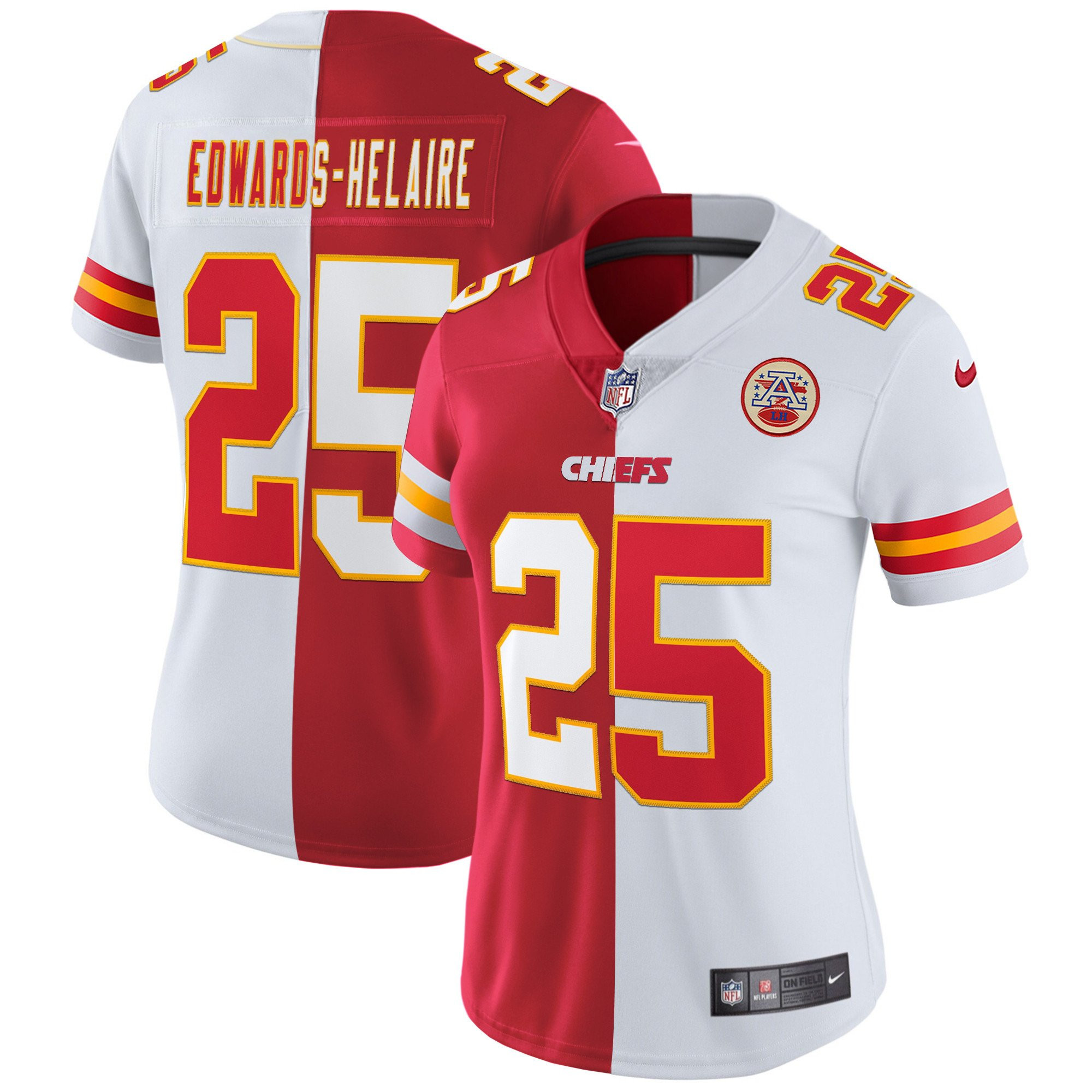 Clyde Edwards-Helaire Women's Kansas City Chiefs White Gold & Black Gold Split Jersey - All Stitched 