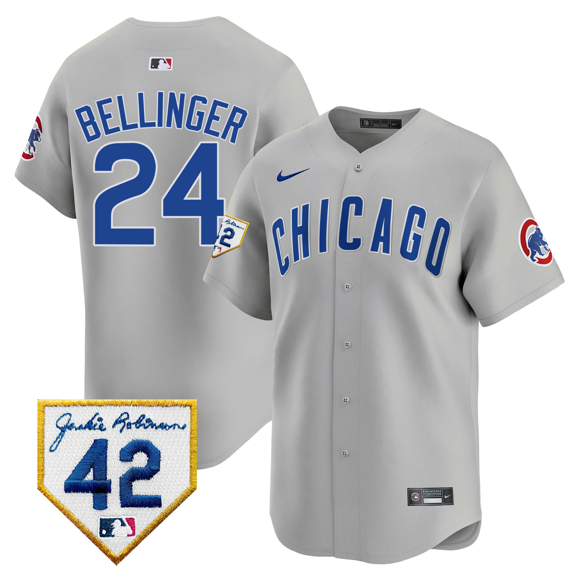 Cody Bellinger Men's Chicago Cubs 2024 Jackie Robinson Patch Vapor Premier Limited V2 Gray Road Jersey - All Stitched