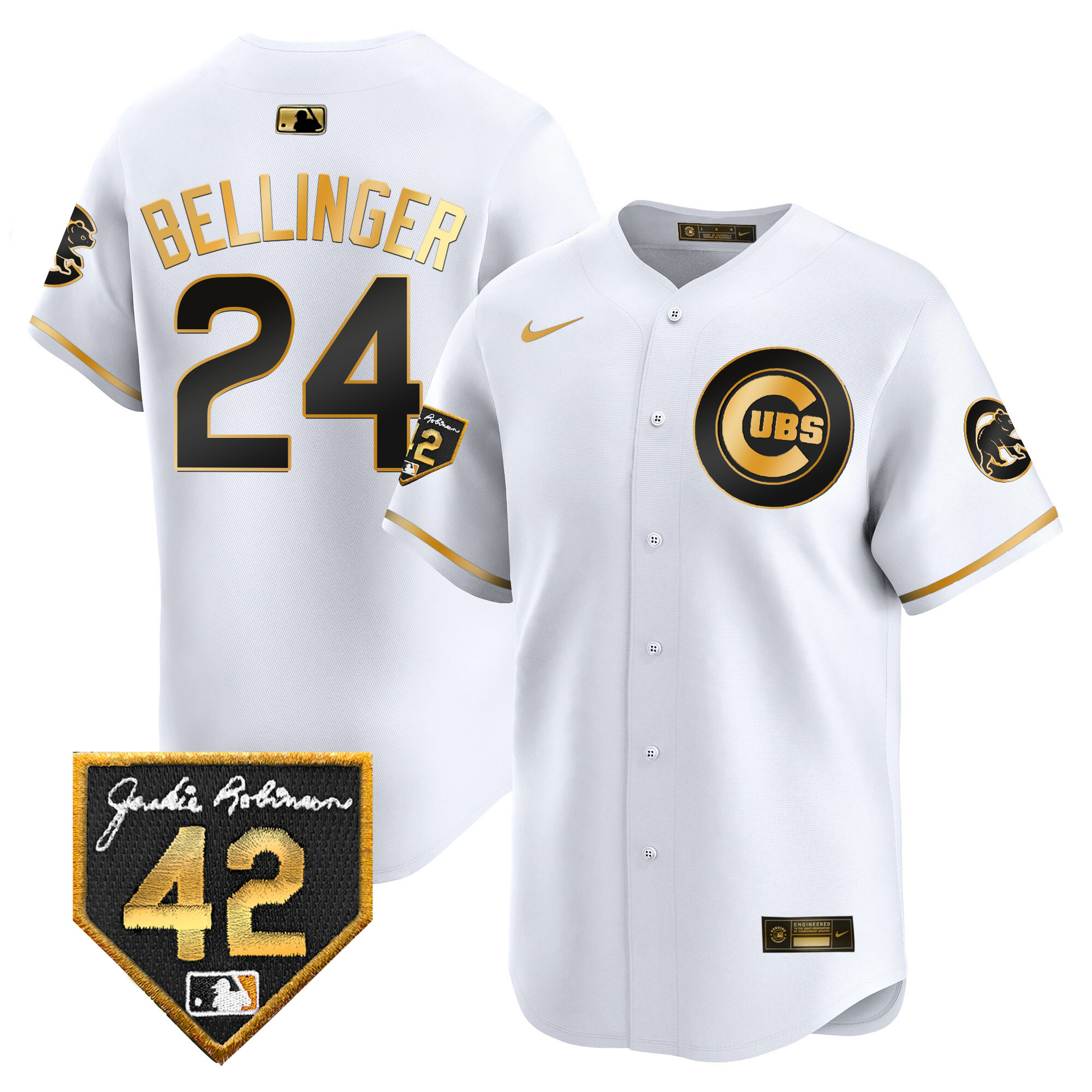 Cody Bellinger Men's Chicago Cubs 2024 Jackie Robinson Patch Vapor Premier Limited V2 White Gold Jersey - All Stitched