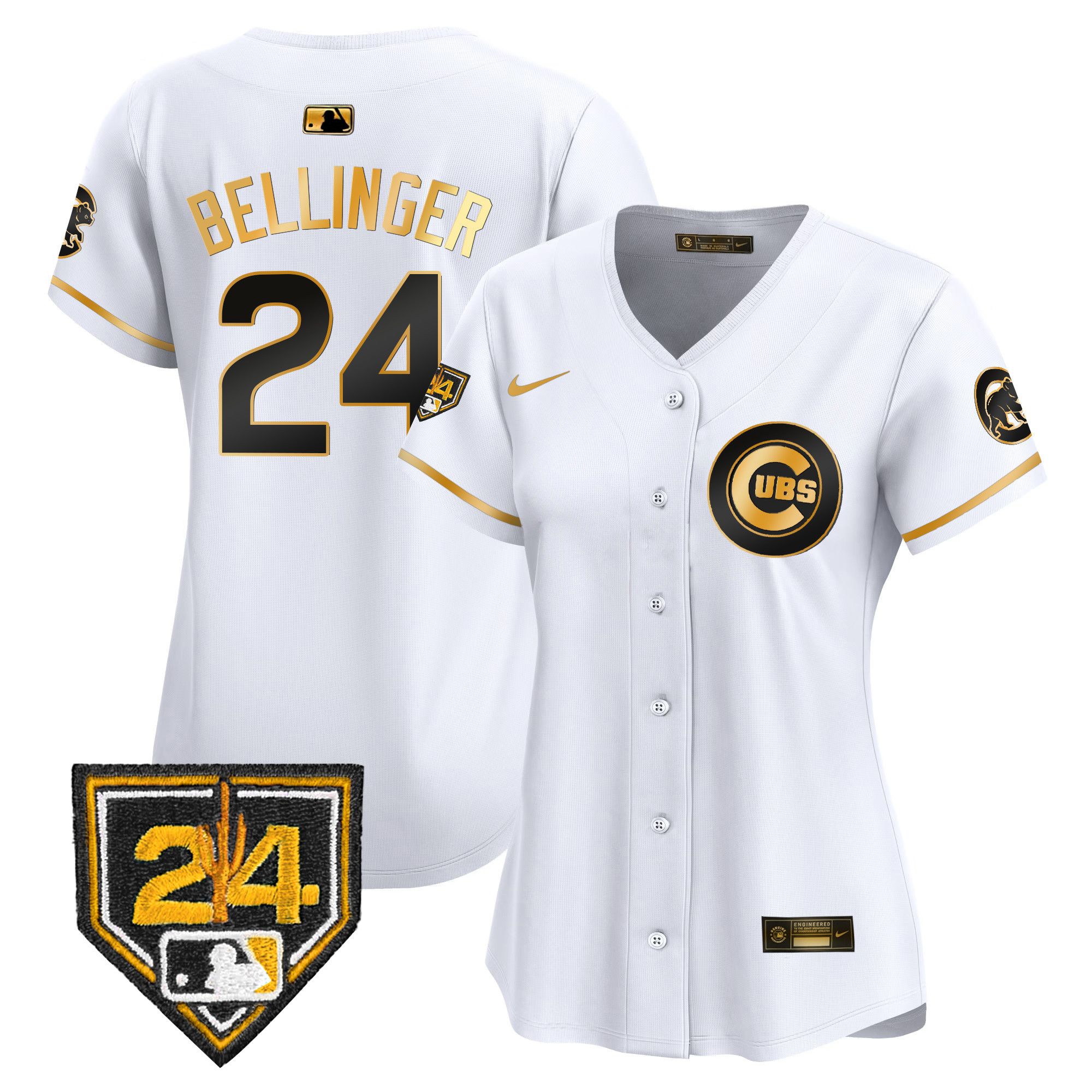 Cody Bellinger Women's Chicago Cubs 2024 Spring Training Patch Vapor Premier Limited V2 White Gold Jersey - All Stitched