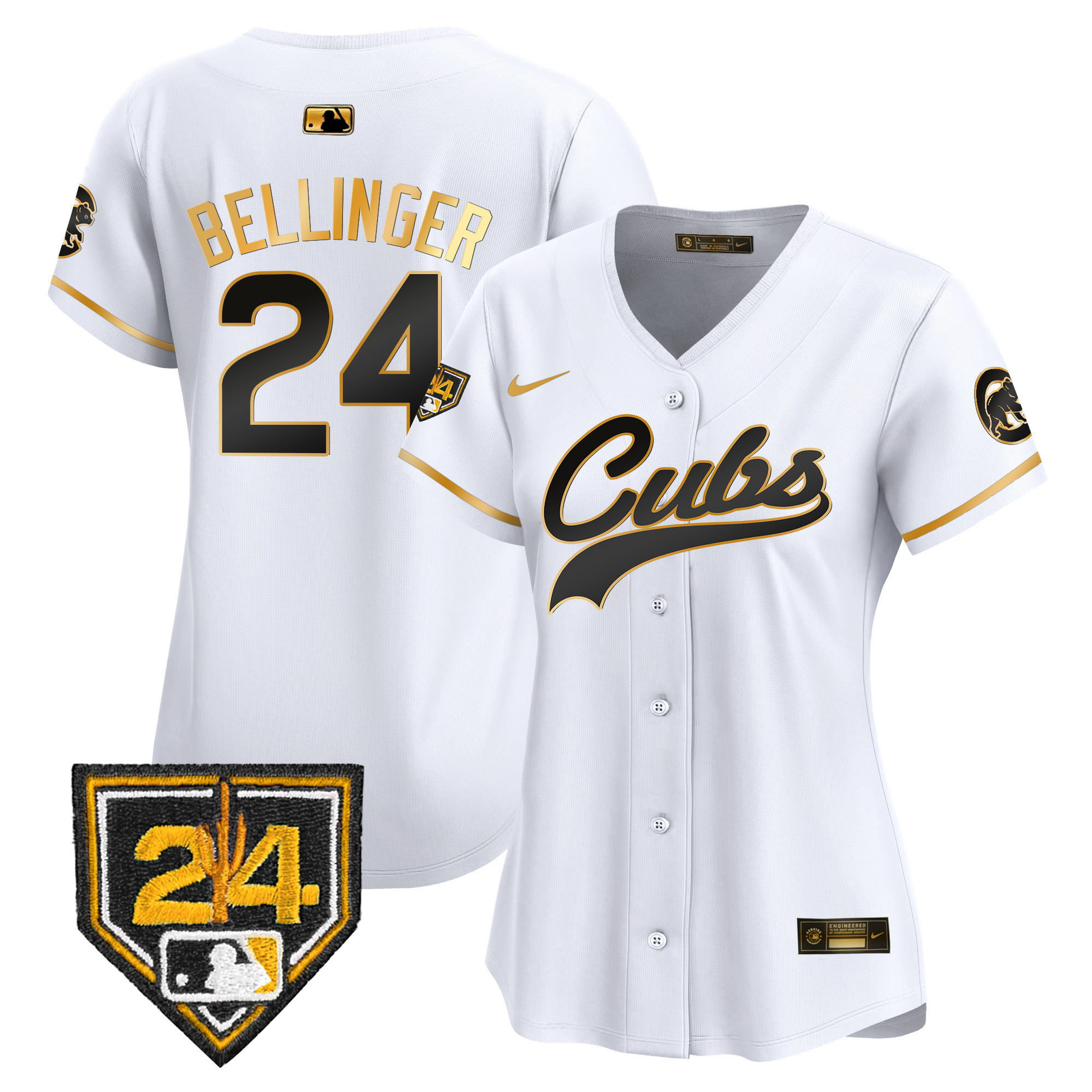 Cody Bellinger Women's Chicago Cubs 2024 Spring Training Patch Vapor Premier Limited White Gold Jersey - All Stitched