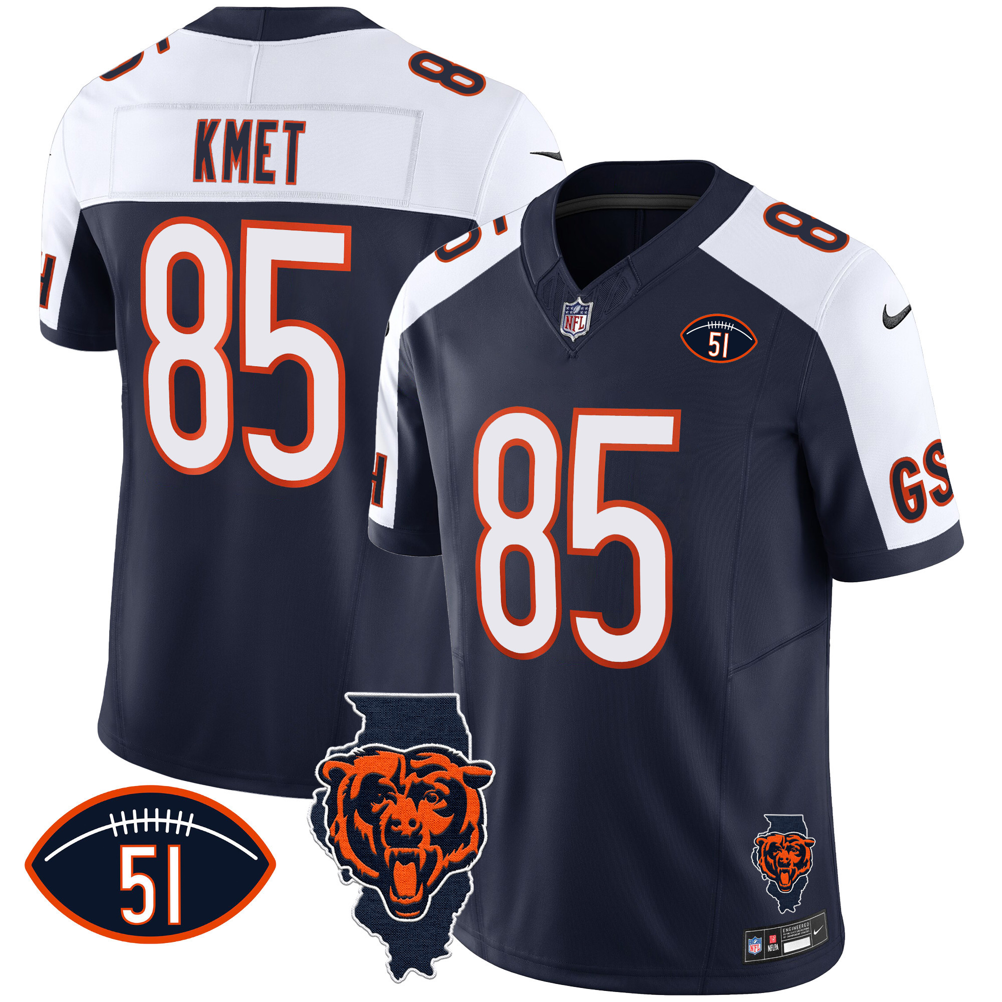Cole Kmet Men's Chicago Bears Illinois Patch Vapor Alternate Jersey - All Stitched 