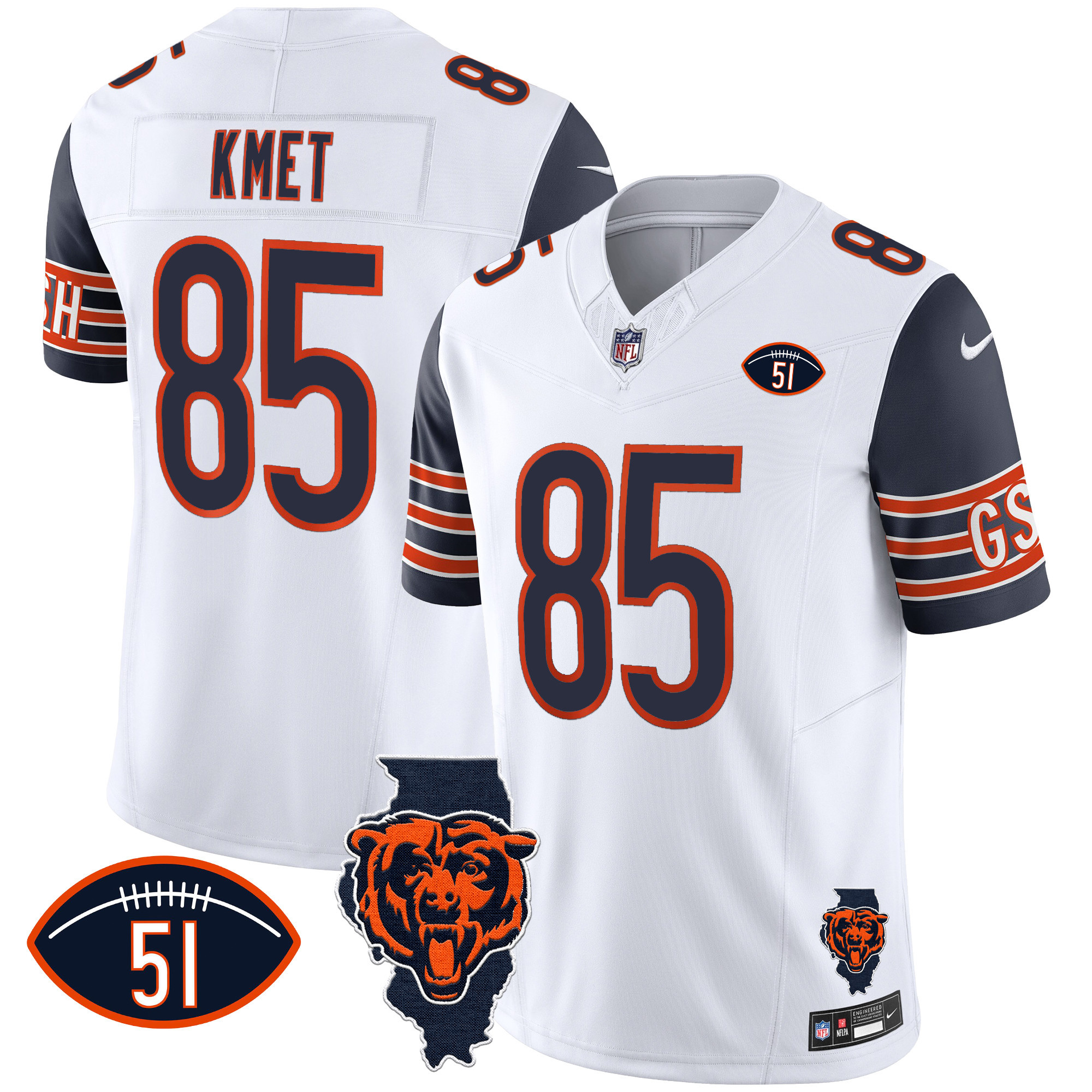 Cole Kmet Men's Chicago Bears Illinois Patch Vapor Navy Sleeves Jersey - All Stitched 
