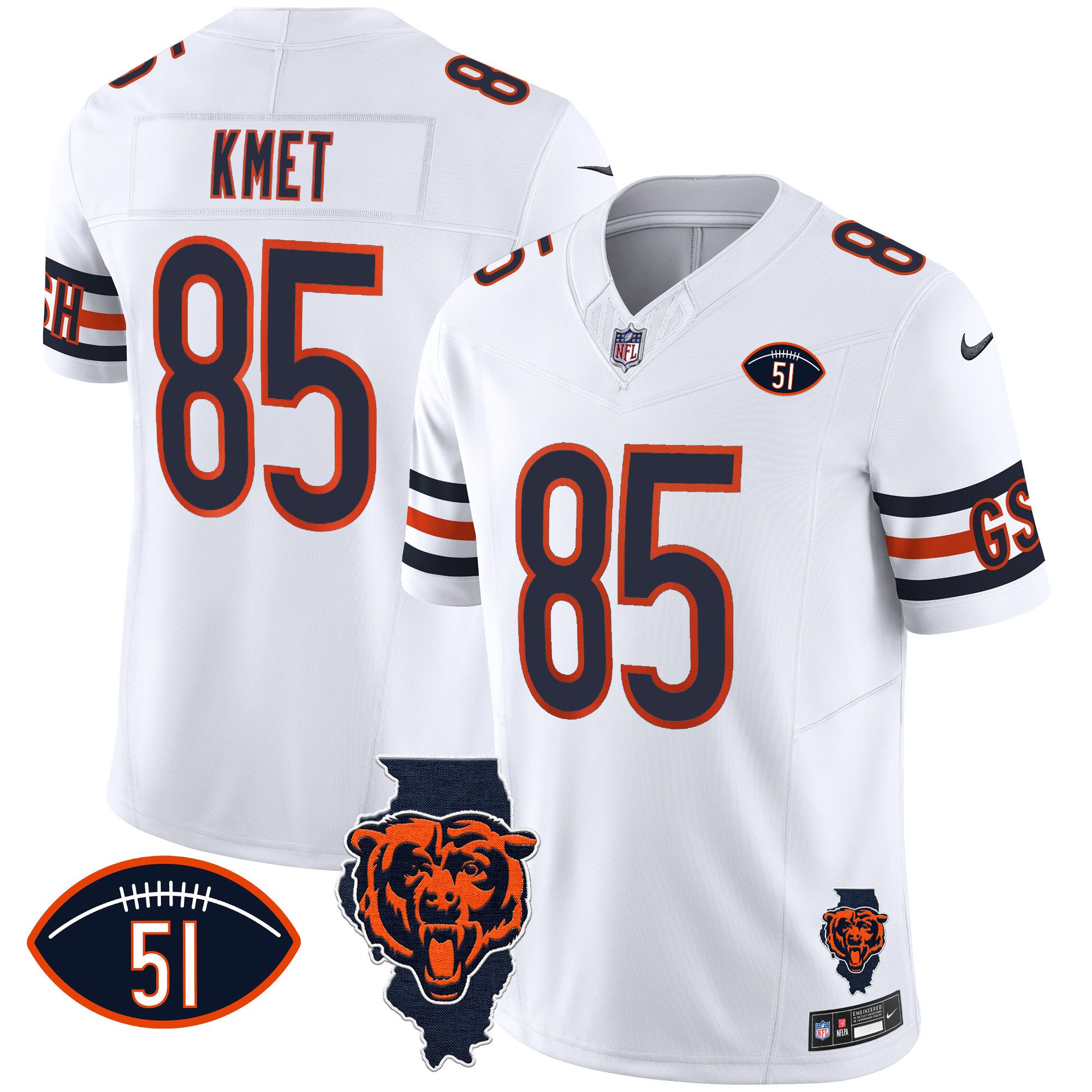 Cole Kmet Men's Chicago Bears Illinois Patch Vapor White Jersey - All Stitched 