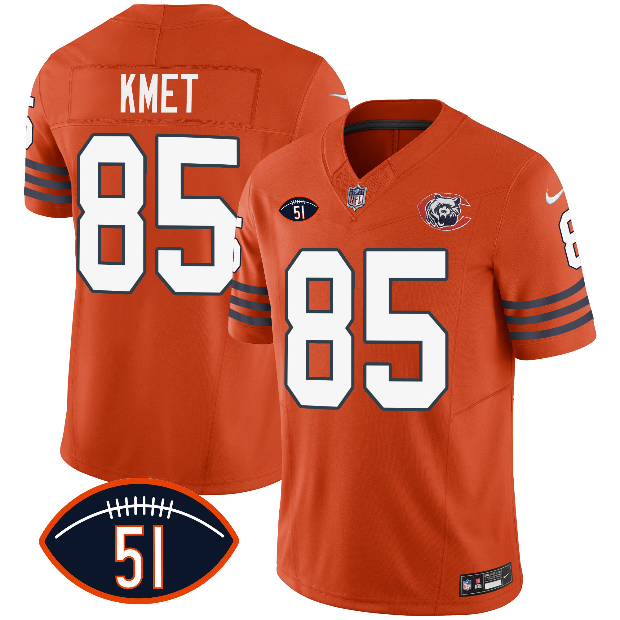 Cole Kmet Men's Chicago Bears Throwback Dick Butkus Patch Orange Jersey - All Stitched 