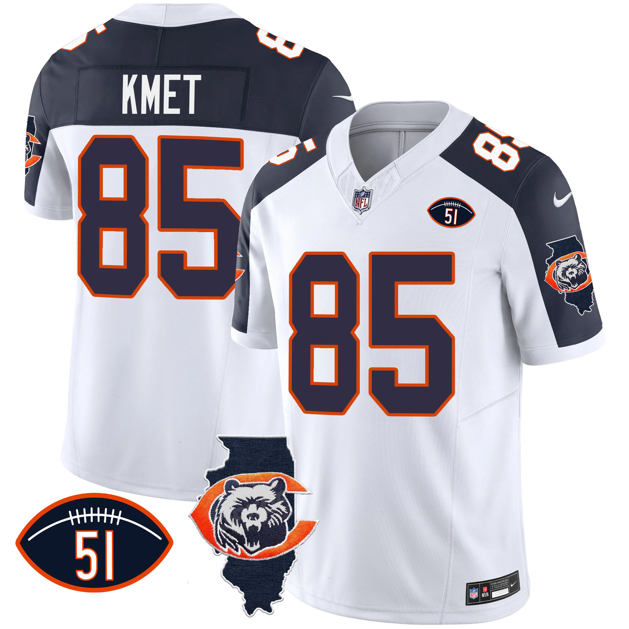 Cole Kmet Men's Chicago Bears Throwback Illinois Patch Vapor Inverted Jersey - All Stitched 