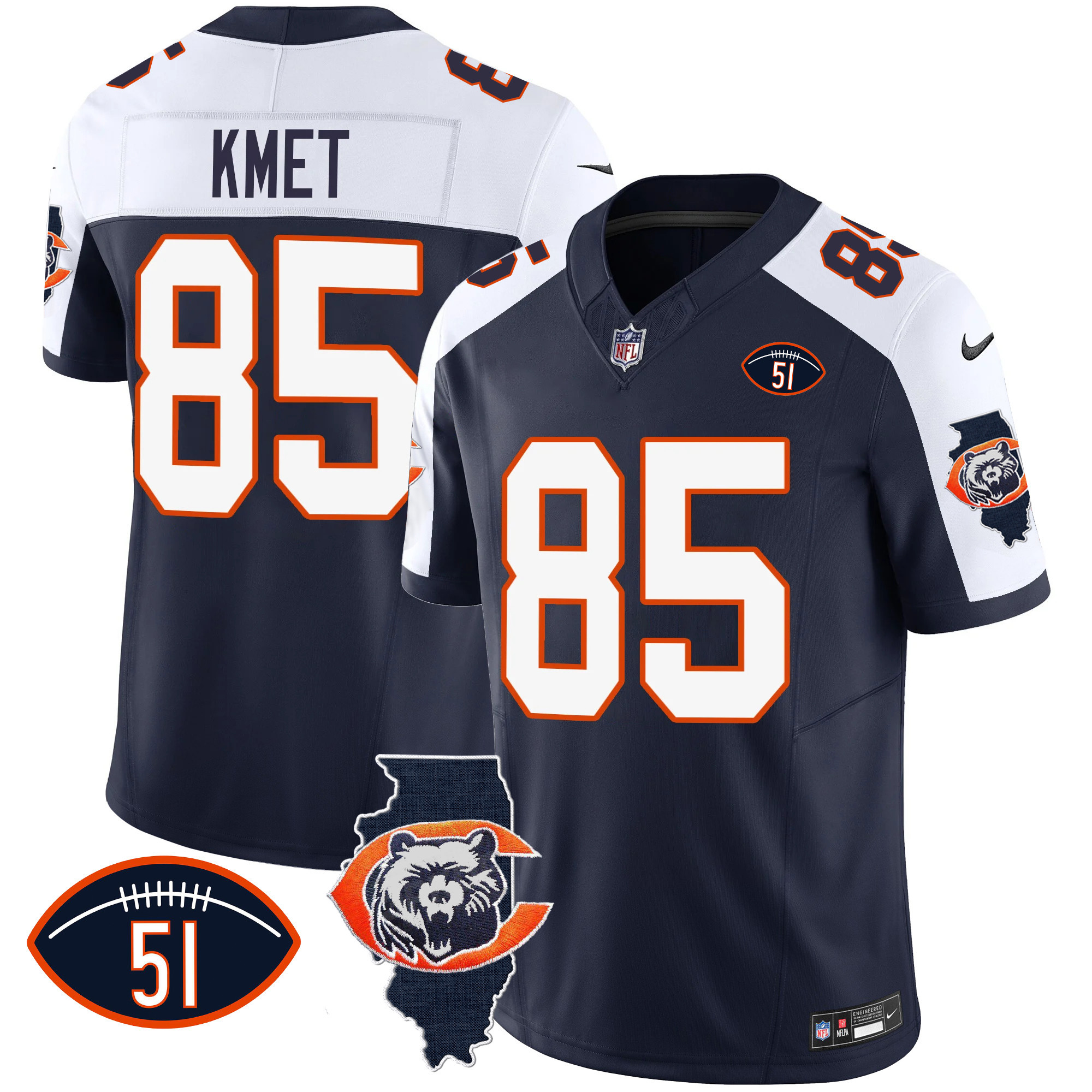 Cole Kmet Men's Chicago Bears Throwback Illinois Patch Vapor Navy Alternate Jersey - All Stitched 