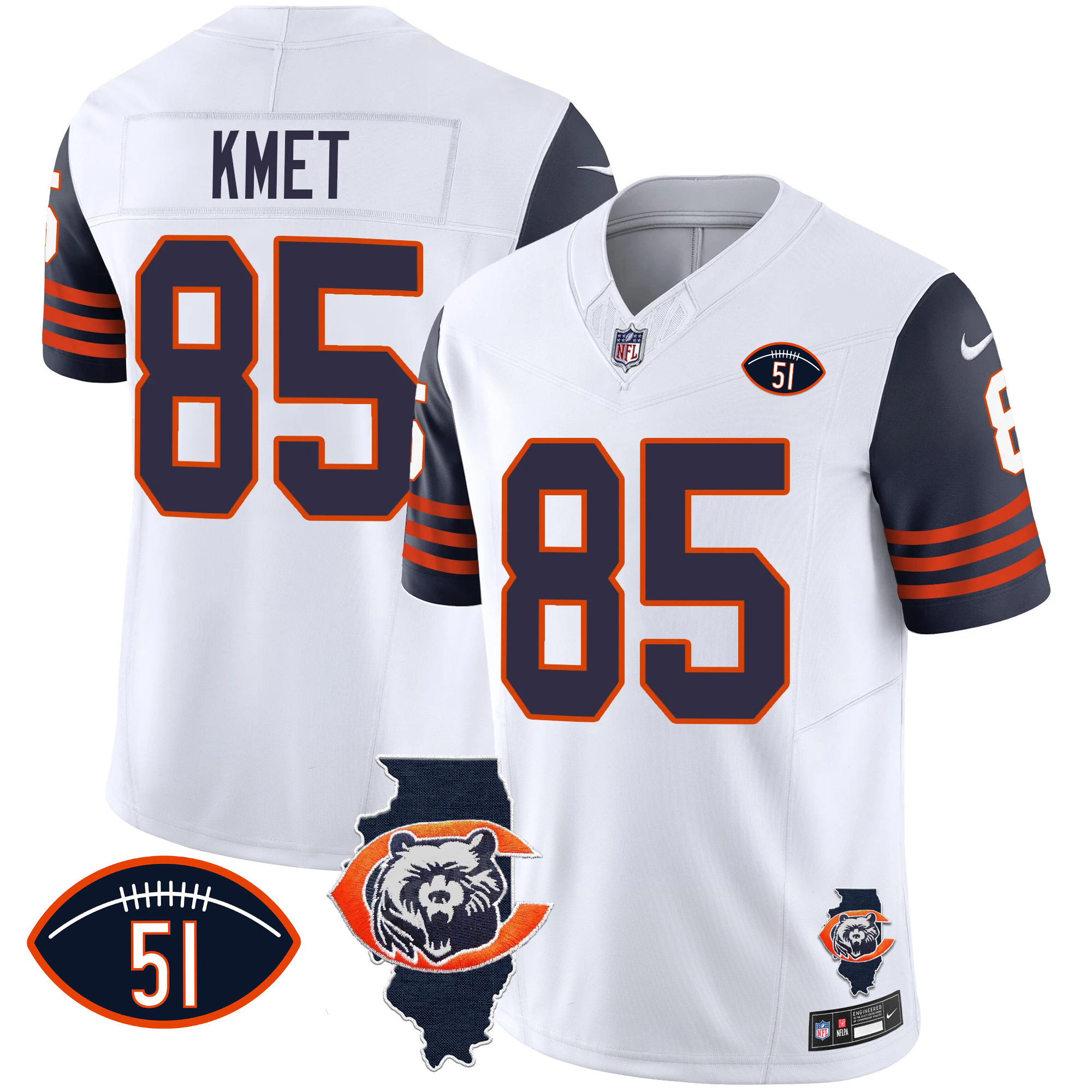 Cole Kmet Men's Chicago Bears Throwback Illinois Patch Vapor Navy Sleeves Jersey - All Stitched 