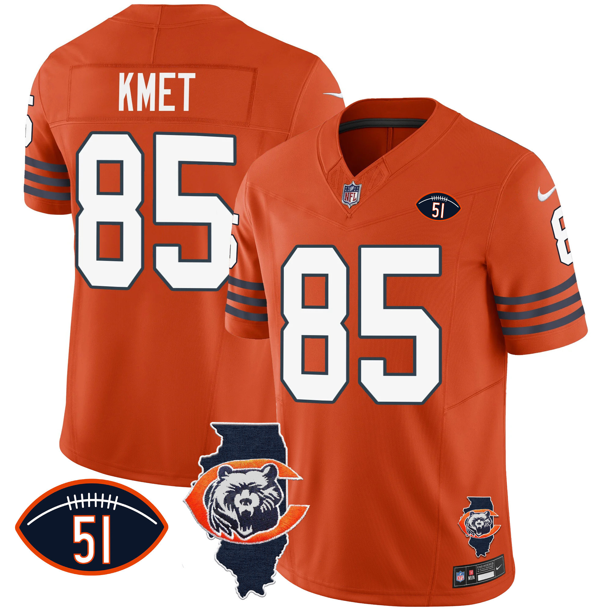 Cole Kmet Men's Chicago Bears Throwback Illinois Patch Vapor Orange Jersey - All Stitched 