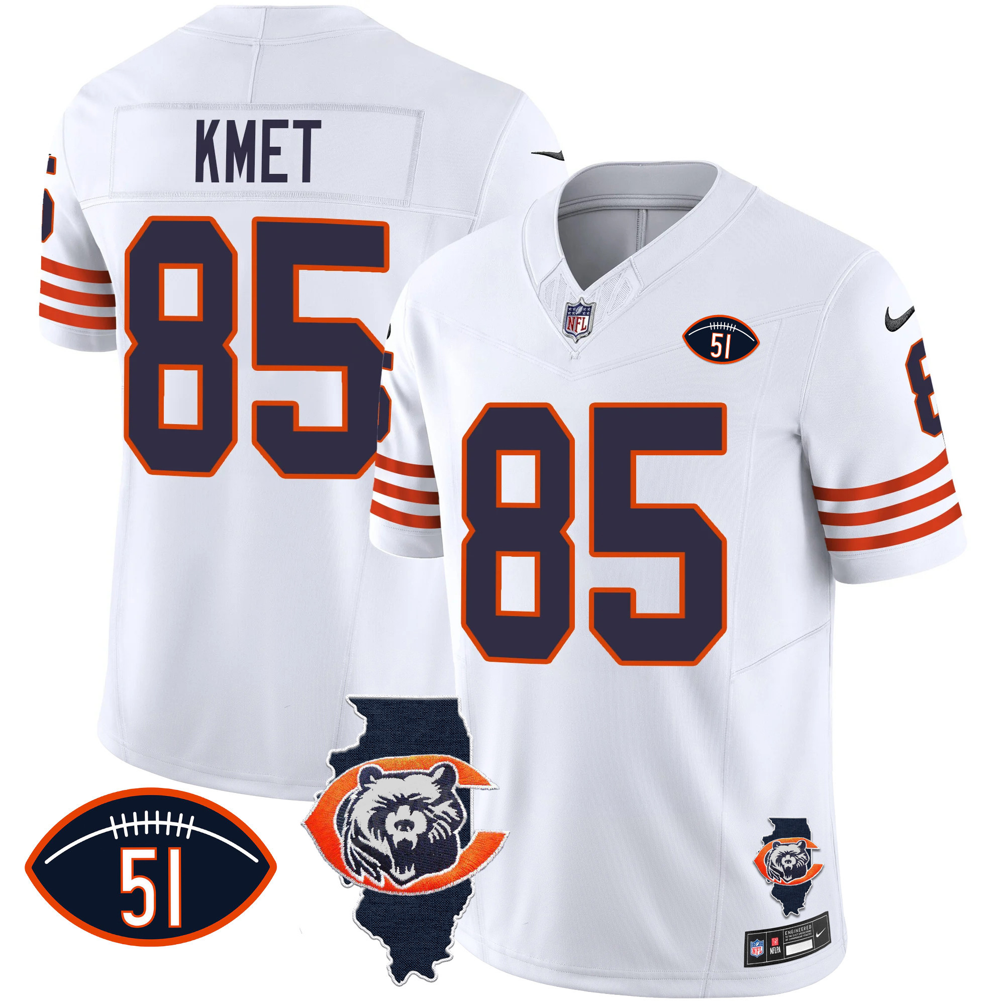 Cole Kmet Men's Chicago Bears Throwback Illinois Patch Vapor White Jersey - All Stitched 