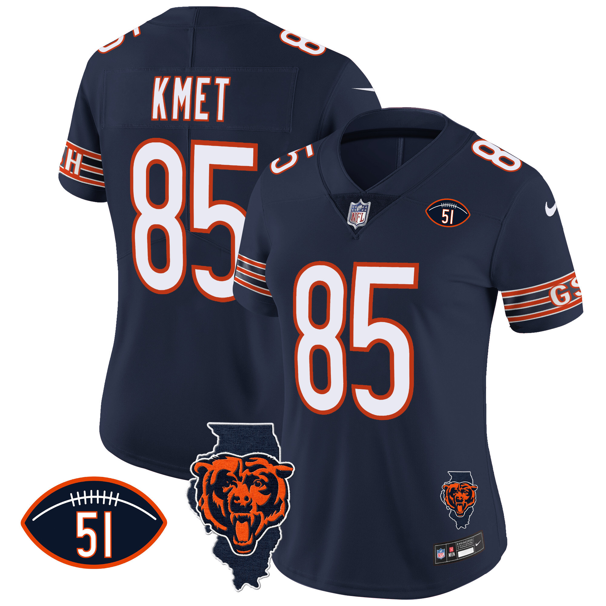 Cole Kmet Women's Chicago Bears Illinois Patch Vapor Navy Jersey - All Stitched 