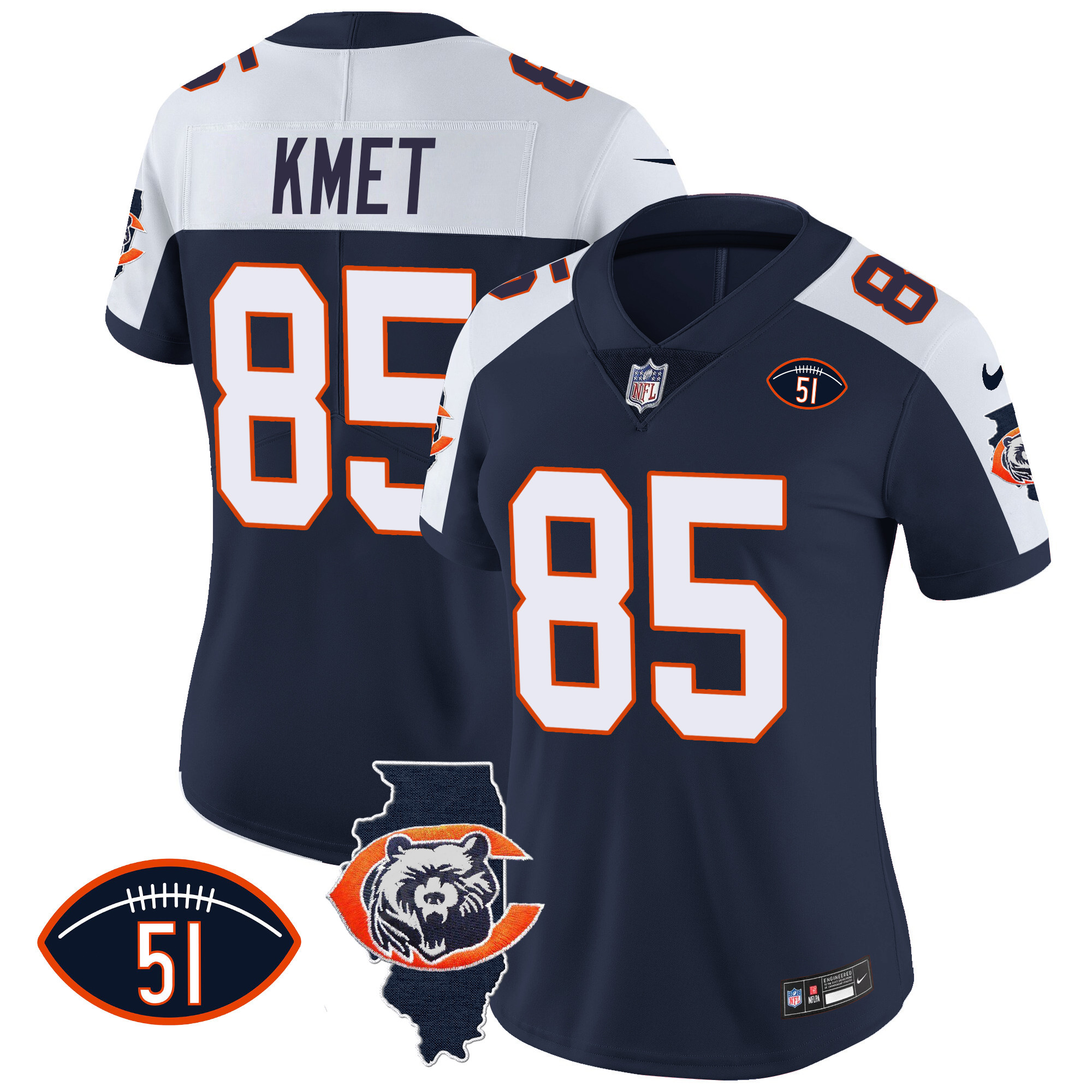 Cole Kmet Women's Chicago Bears Throwback Illinois Patch Vapor Navy Alternate Jersey - All Stitched 