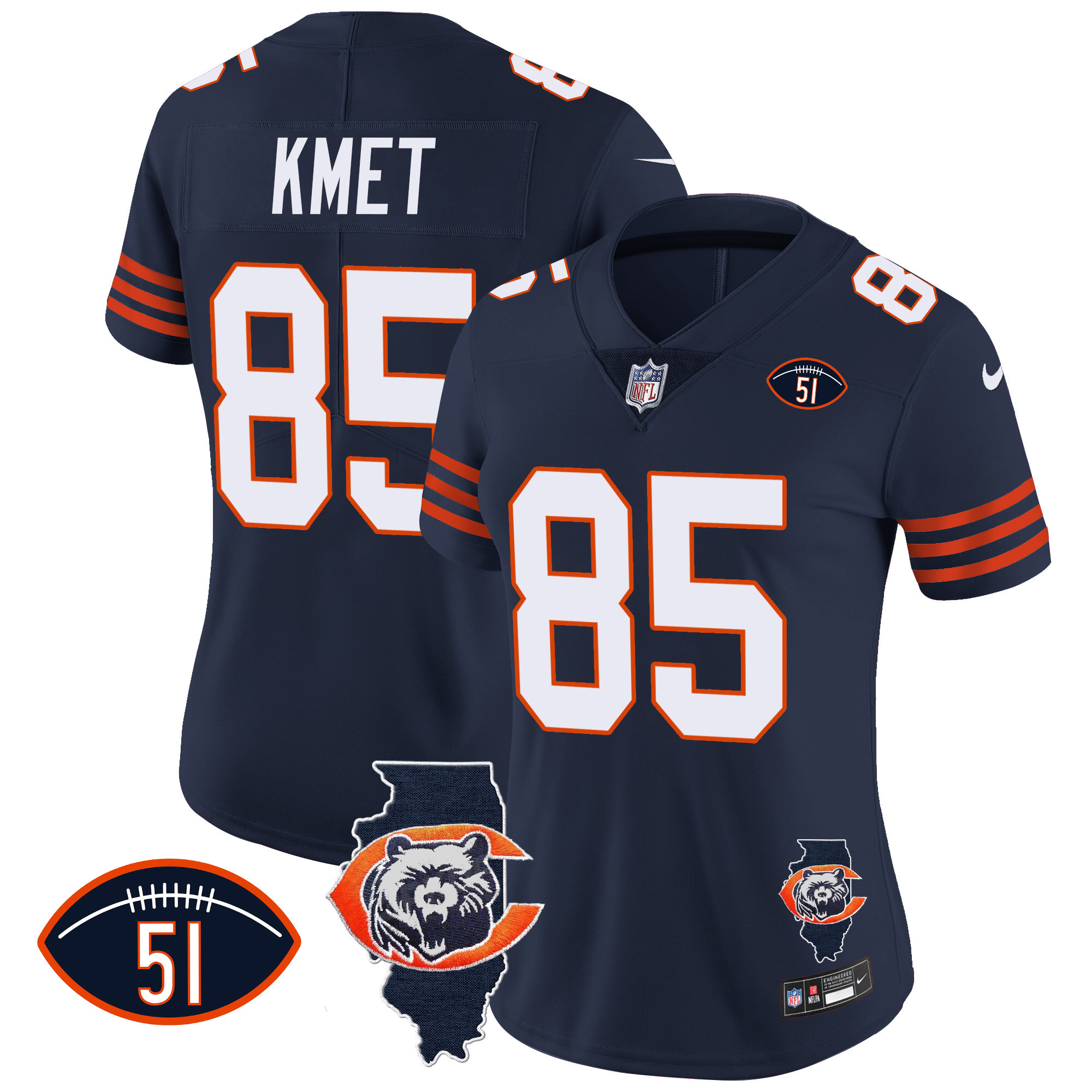 Cole Kmet Women's Chicago Bears Throwback Illinois Patch Vapor Navy Jersey - All Stitched 
