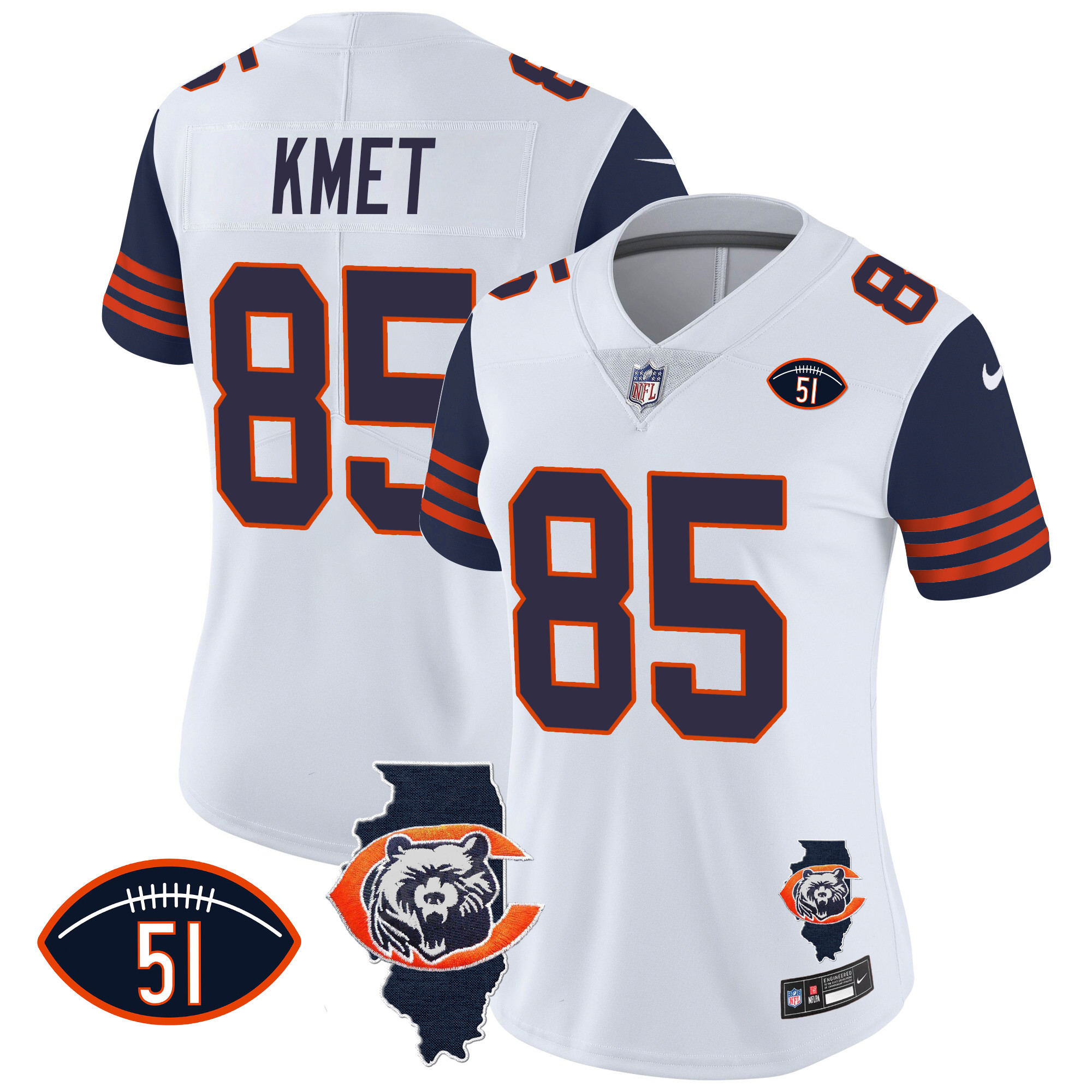 Cole Kmet Women's Chicago Bears Throwback Illinois Patch Vapor Navy Sleeves Jersey - All Stitched 