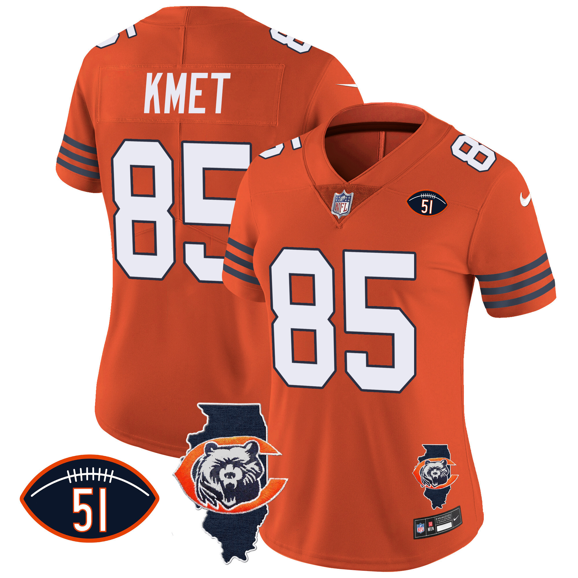 Cole Kmet Women's Chicago Bears Throwback Illinois Patch Vapor Orange Jersey - All Stitched 