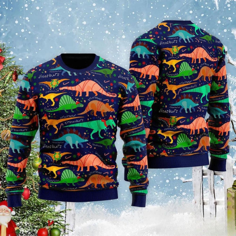 Colorful All Over Print Cute Christmas Gift Dinosaur Xmas Sweater