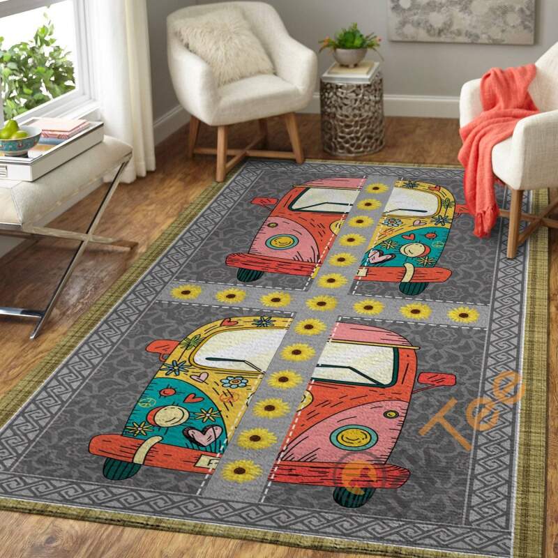 Colorful Hippie Van And Sunflowers Floor Decor Soft Living Room Bedroom Carpet Highlight For Home Cute Sunflower Rectangle Rug