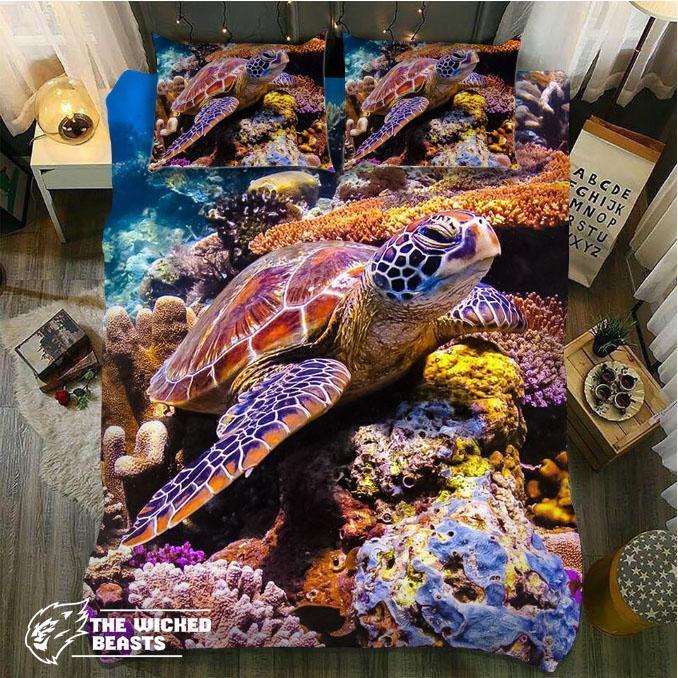Colorful Turtle With Coral3D Customized Duvet Cover Bedding Set