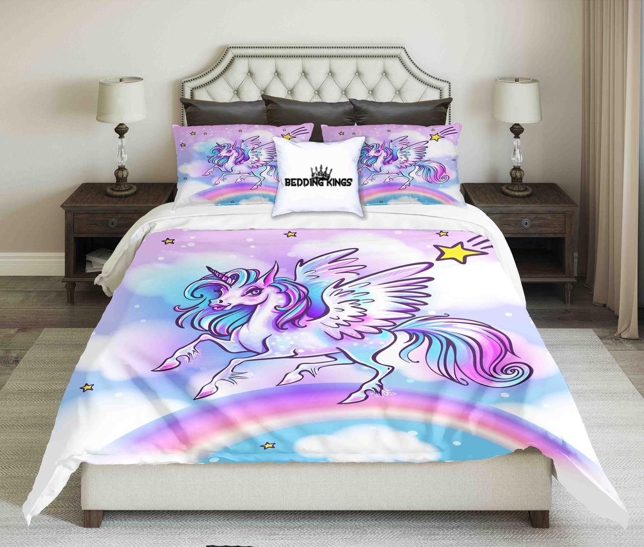 Colourful Unicorn On Rainbow Design Kings 3D Customized Duvet Cover Bedding Set