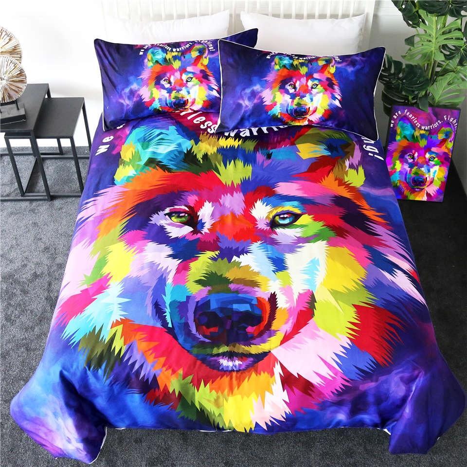 Colourful Watercolour Wolf 3D Customized Duvet Cover Bedding Set