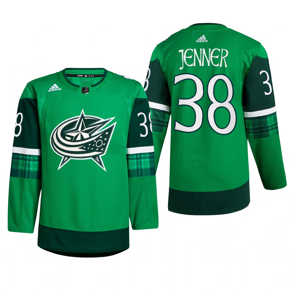 Columbus Blue Jackets Boone Jenner #38 St. Patricks Day 2022 Green Jersey Warm-Up