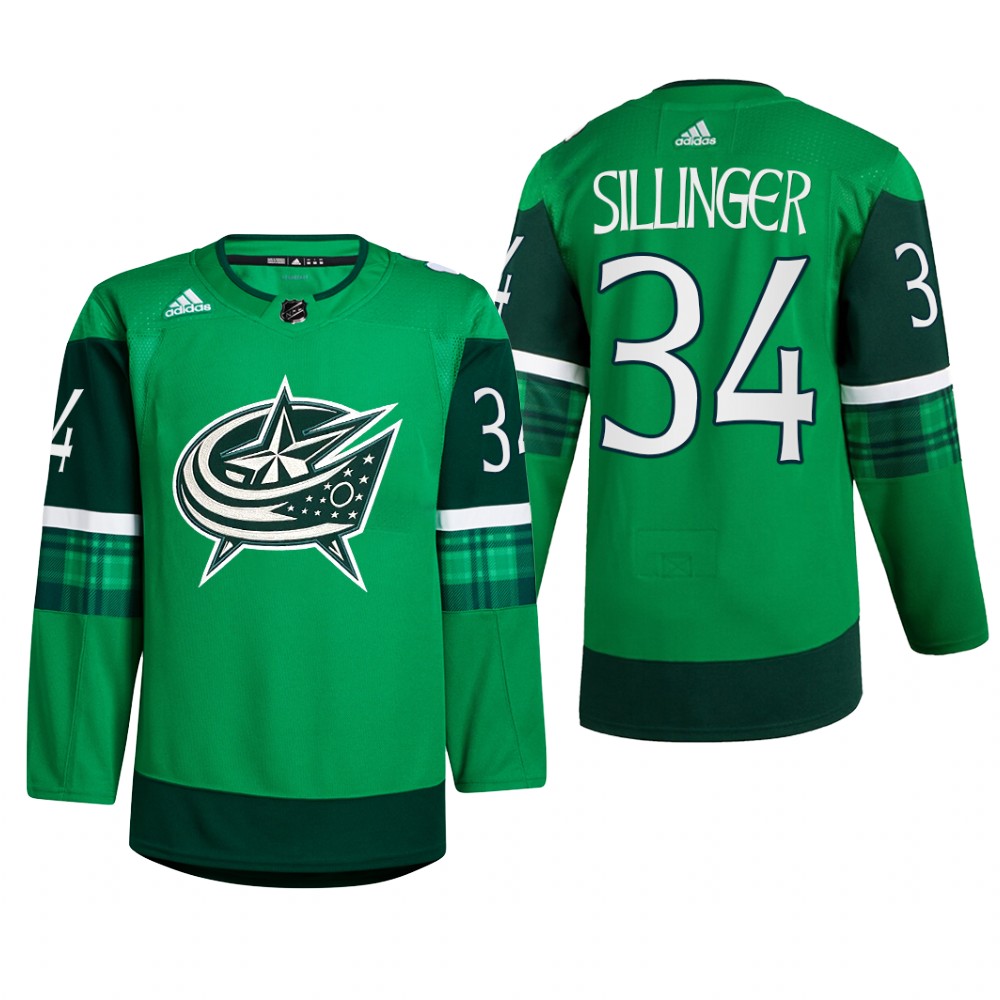 Columbus Blue Jackets Cole Sillinger #34 St. Patricks Day 2022 Green Jersey Warm-Up