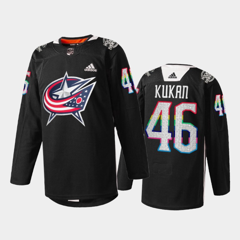 Columbus Blue Jackets Dean Kukan #46 IsForEveryone Jersey Black Warmup