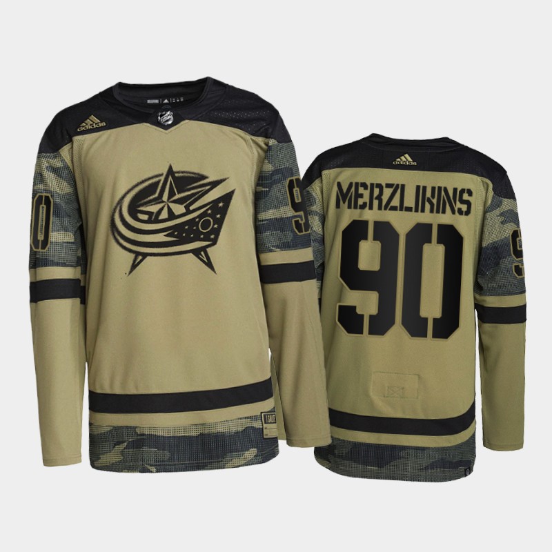Columbus Blue Jackets Elvis Merzlikins #90 Military Appreciation Night Jersey Camo Practice
