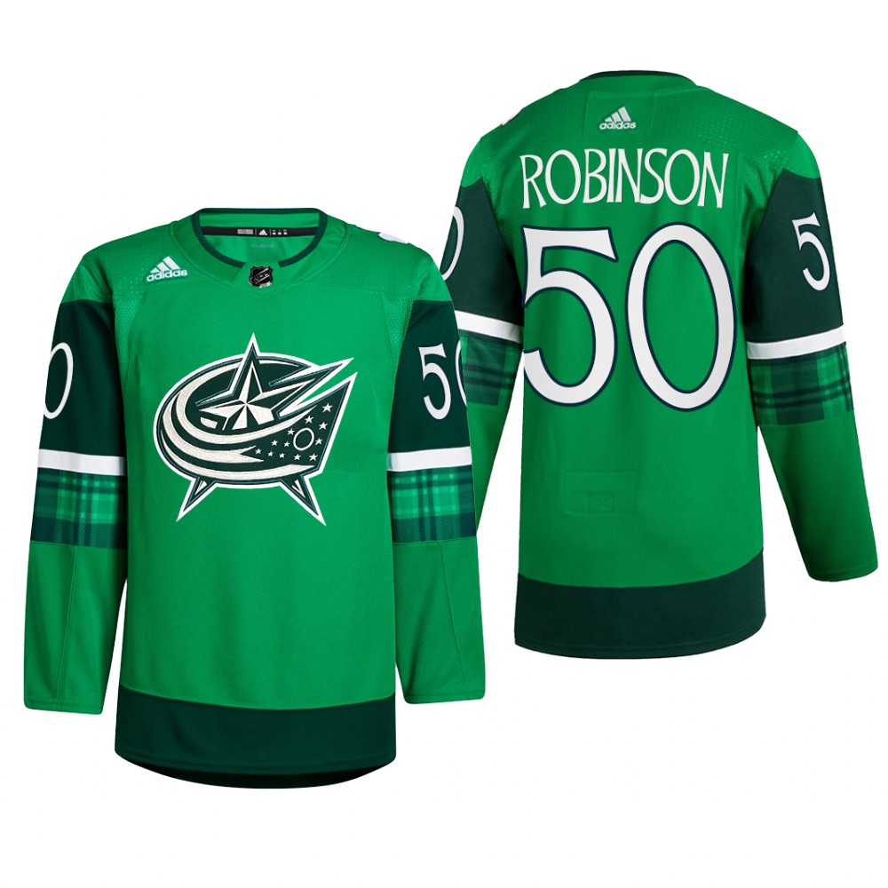 Columbus Blue Jackets Eric Robinson #50 St. Patricks Day 2022 Green Jersey Warm-Up