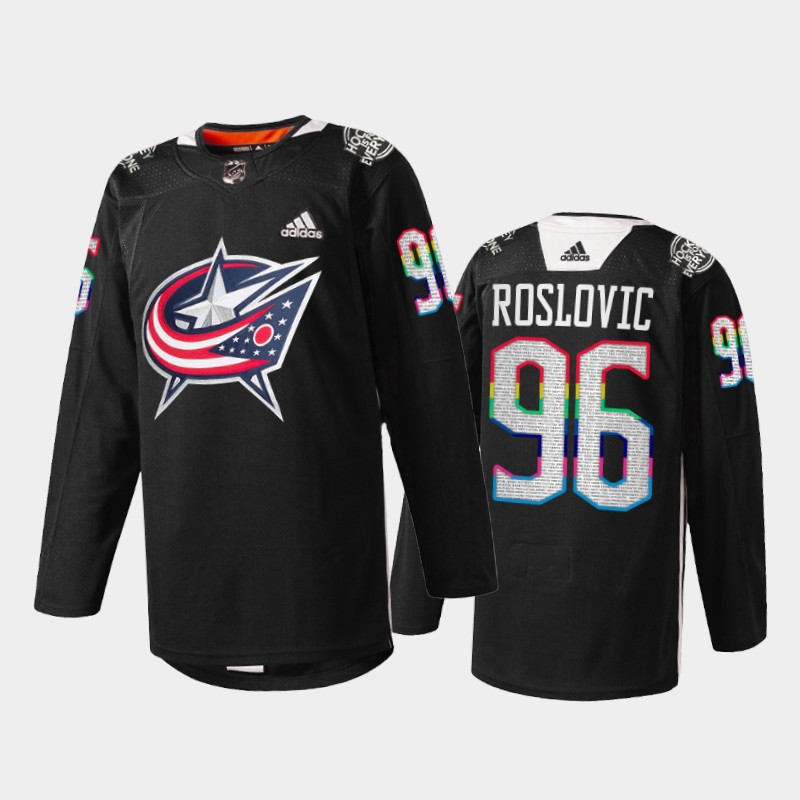 Columbus Blue Jackets Jack Roslovic #96 IsForEveryone Jersey Black Warmup