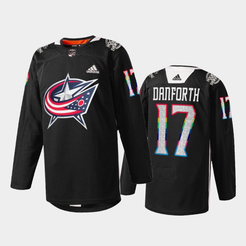 Columbus Blue Jackets Justin Danforth #17 IsForEveryone Jersey Black Warmup