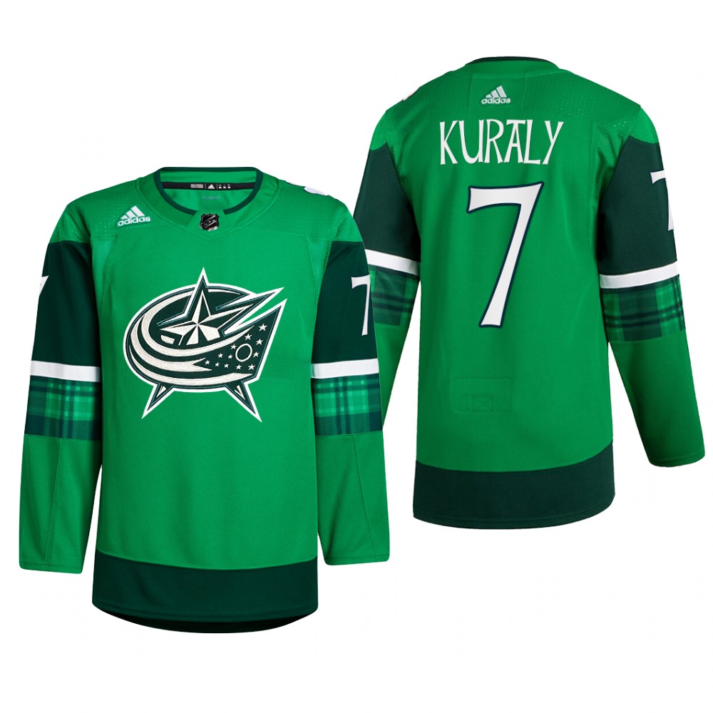 Columbus Blue Jackets Sean Kuraly #7 St. Patricks Day 2022 Green Jersey Warm-Up