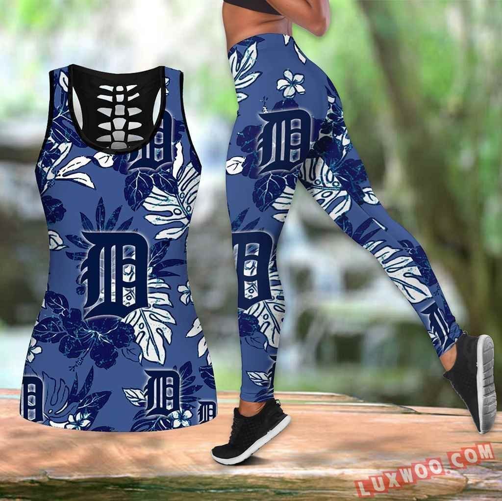 Combo Detroit Tigers Hawaiian Tropical Flower Hollow Tanktop Legging Set Outfit
