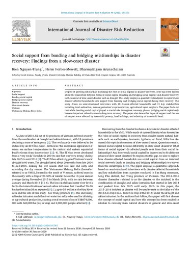 Social support from bonding and bridging relationships in disaster recovery: Findings from a slow-onset disaster