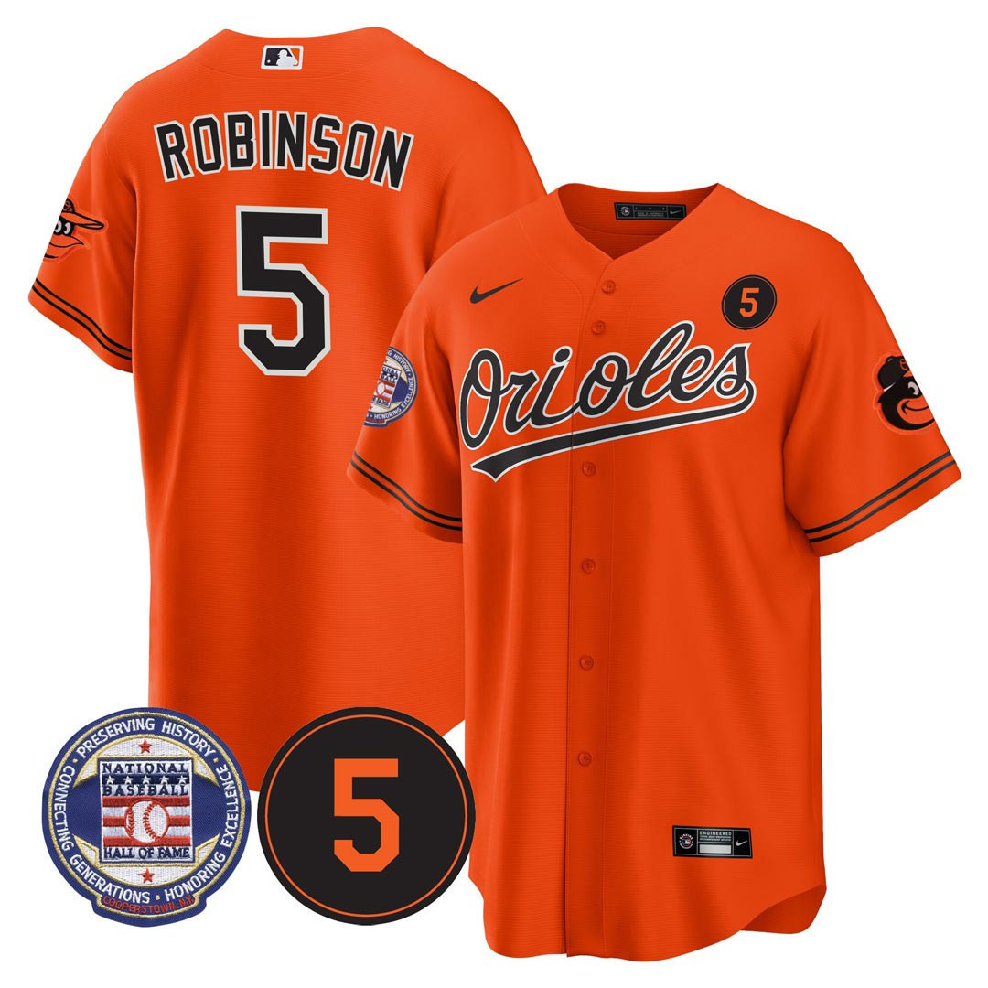 Cool Base #5 Brooks Robinson Baltimore Orioles Hall Of Fame Patch Orange Jersey - All Stitched