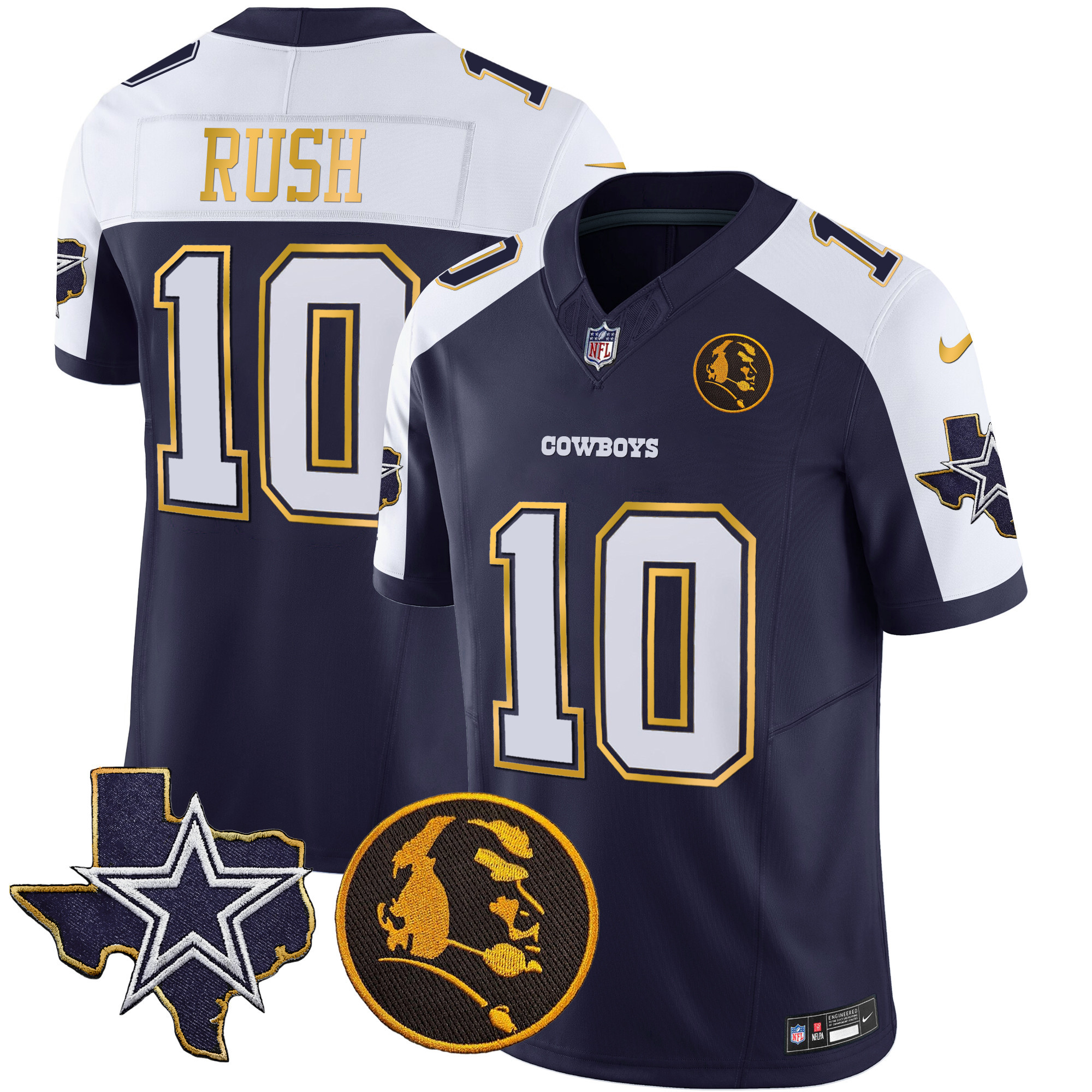 Cooper Rush Men's Dallas Cowboys Texas & John Madden Patch Gold Trim Vapor Navy Alternate Jersey - All Stitched 