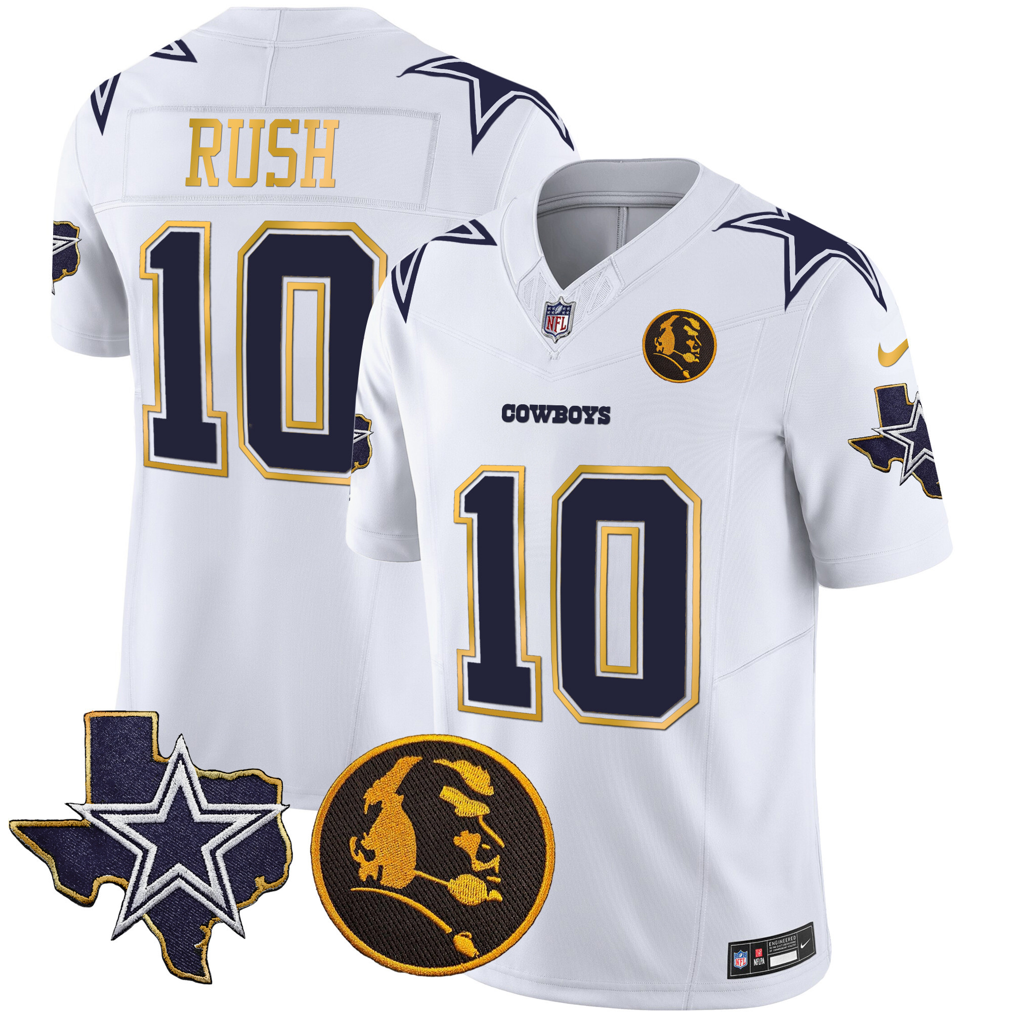 Cooper Rush Men's Dallas Cowboys Texas & John Madden Patch Gold Trim Vapor White Jersey - All Stitched 
