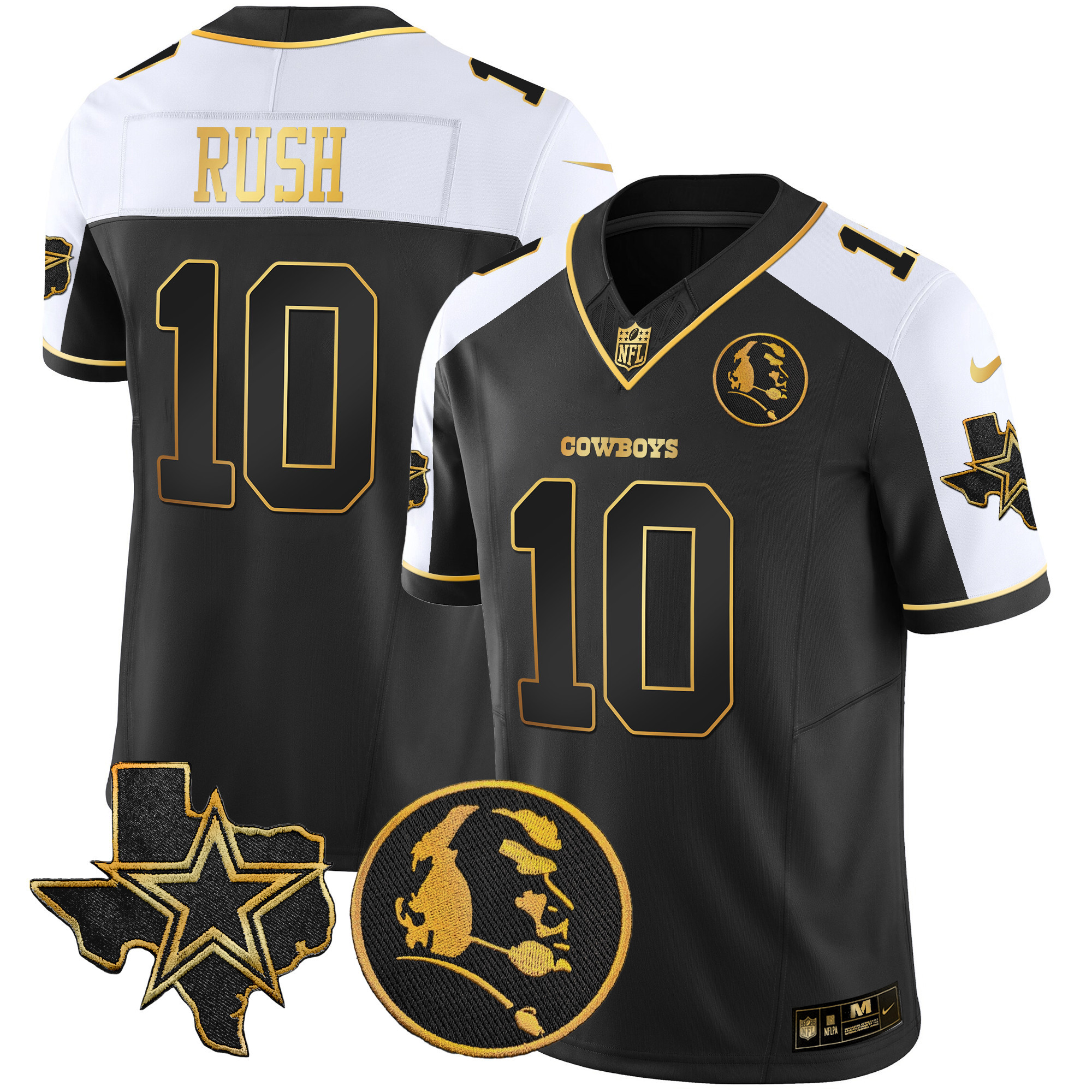 Cooper Rush Men's Dallas Cowboys Texas & John Madden Patch Gold Vapor Alternate Black Jersey - All Stitched 