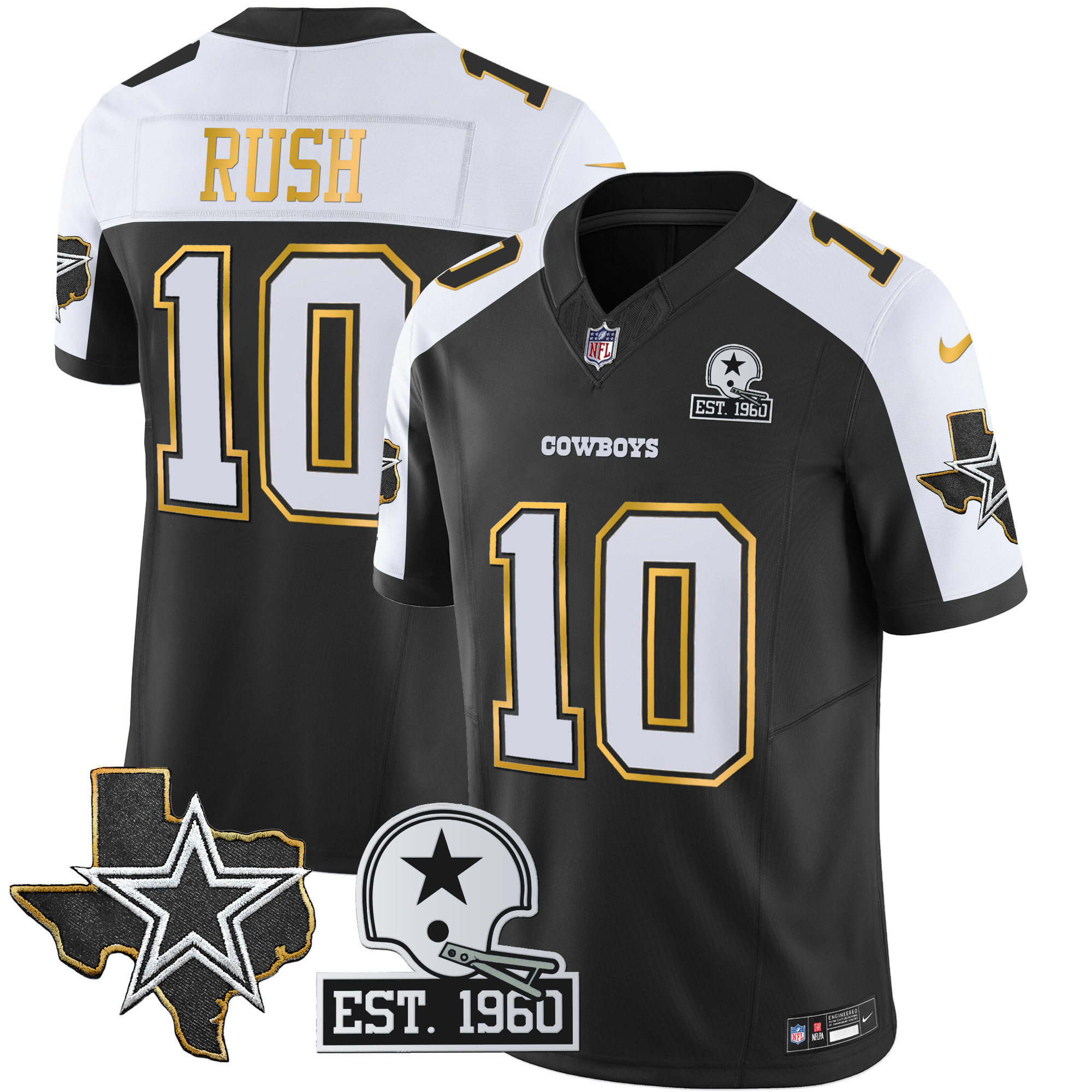 Cooper Rush Men's Dallas Cowboys Texas Patch Gold Trim Vapor Black Alternate Jersey - All Stitched 